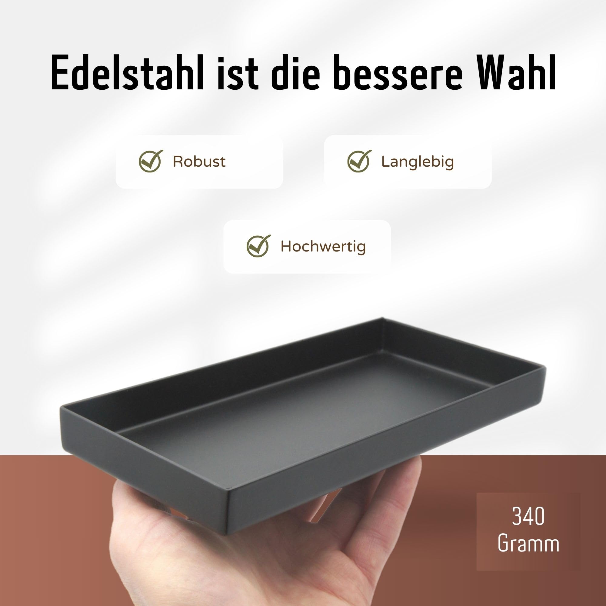 Edelstahl Dekotablett schwarz | Ablageschale für Küche und Bad, rechteckig | Deko Tablett schwarz matt | Bad Organizer, auch als Schmuckschale geeignet
