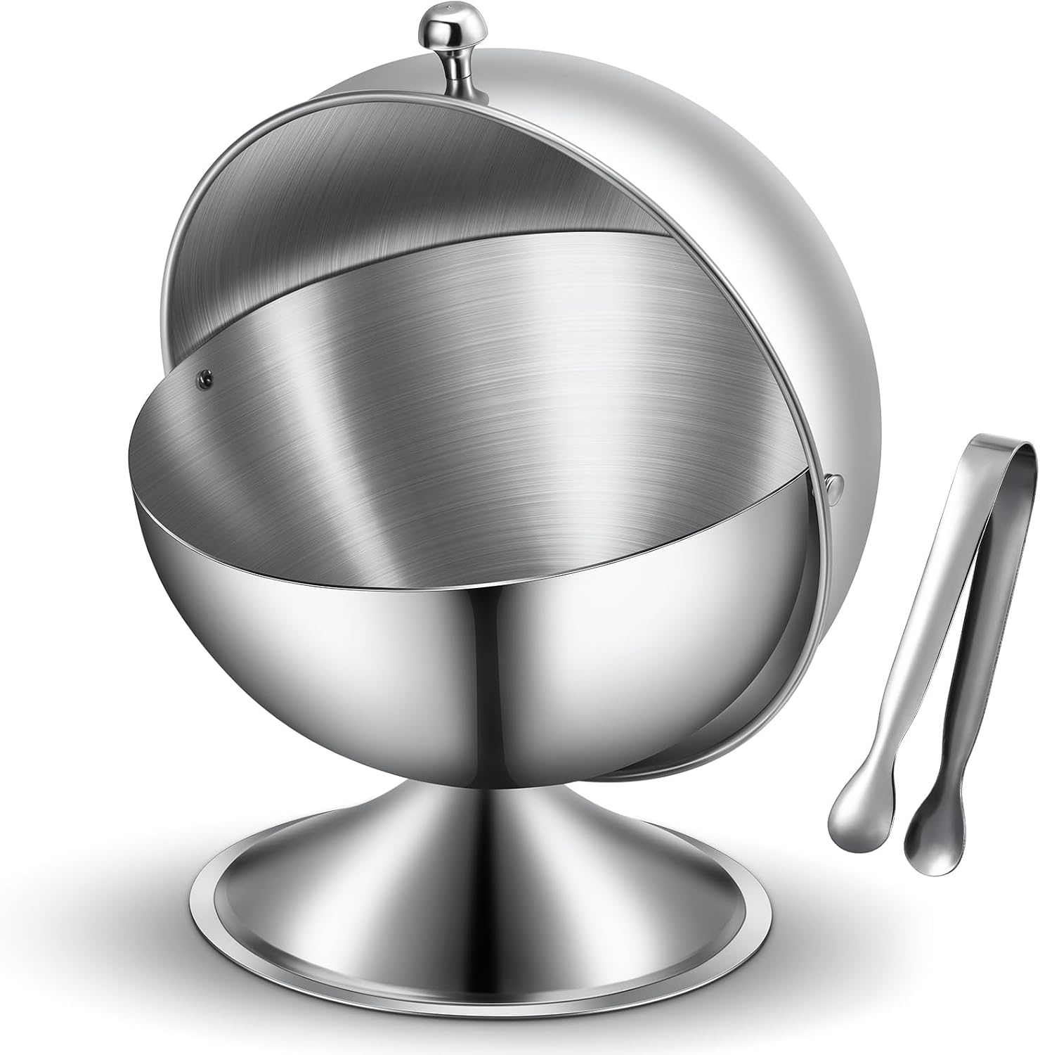 Patelai Sugar Bowl with Roll Top Stainless Steel Spherical Candies Bowl and 4.3 Inch Sugar Tong Stainless Sugar Clip for Household Kitchen Coffee Bar Beverage Serving