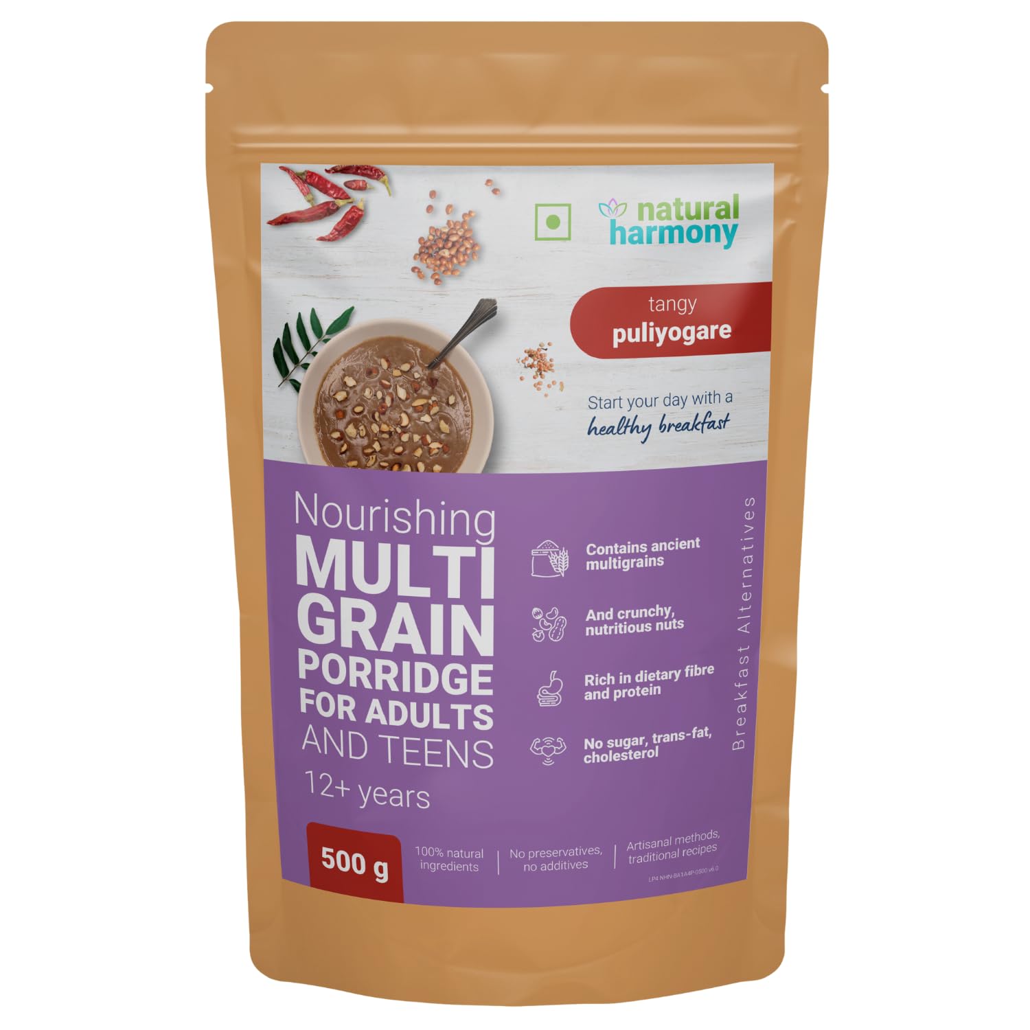 Natural Harmony Multigrain Porridge for Adults, Teens | Tangy Puliyogare | 500g | Healthy Breakfast Cereal with Millets & Nuts | Zero Sugar | High Fibre | Sattu Powder | Sathu Maavu | Ragi Malt (B0D745XJT7) Amazon Price History, Amazon Price Tracker