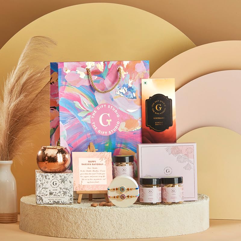 THE GIFT STUDIO.COM | Gourmet Happiness Rakhi Hamper for Brother | Set of 2 Enamel Rakhis, Dry Fruit Box, Scented Candle, Almond Brittle & Rakhi Card | Raksha Bandhan Gift-image-37