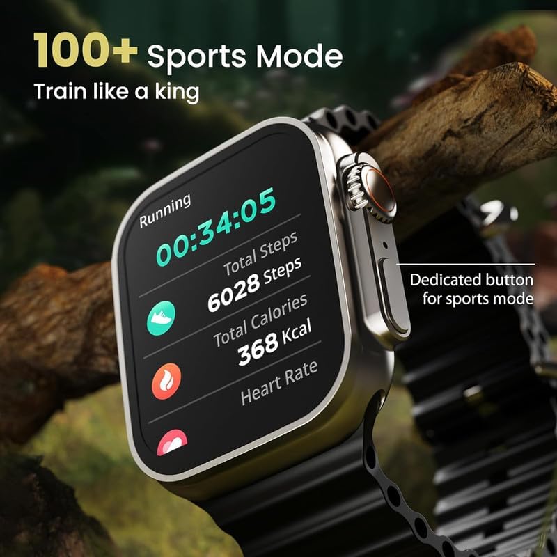 Smart watch display showing running mode with steps, calories, and heart rate