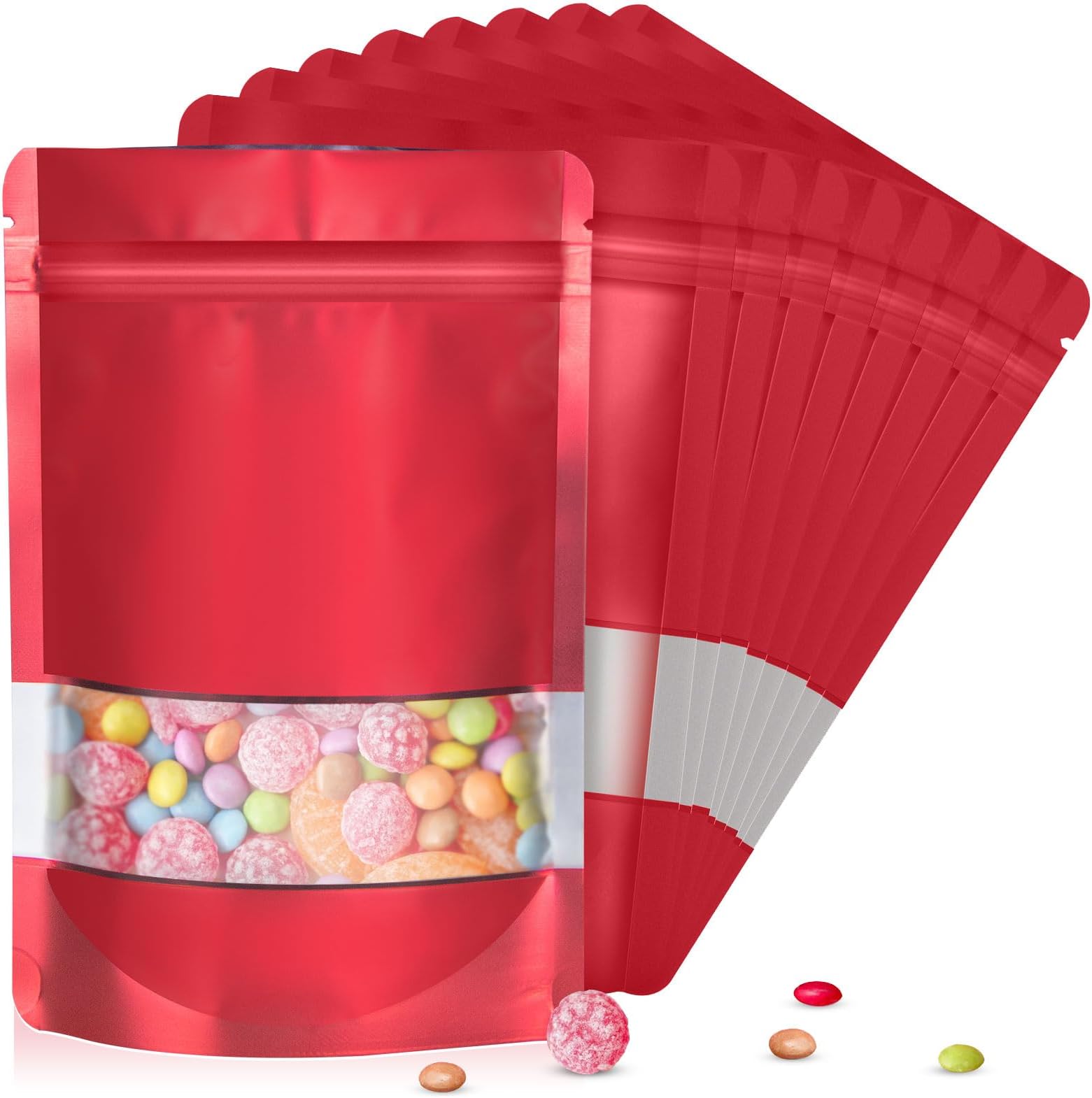 5.5"x7.8" 120pcs Mylar Bags for Food Storage,Smell Proof Bag with Matte Window Resealable Food Storage Bags for Small Business, Stand-up Foil Pouch Packaging Freeze Dried Candy Bag（Red）