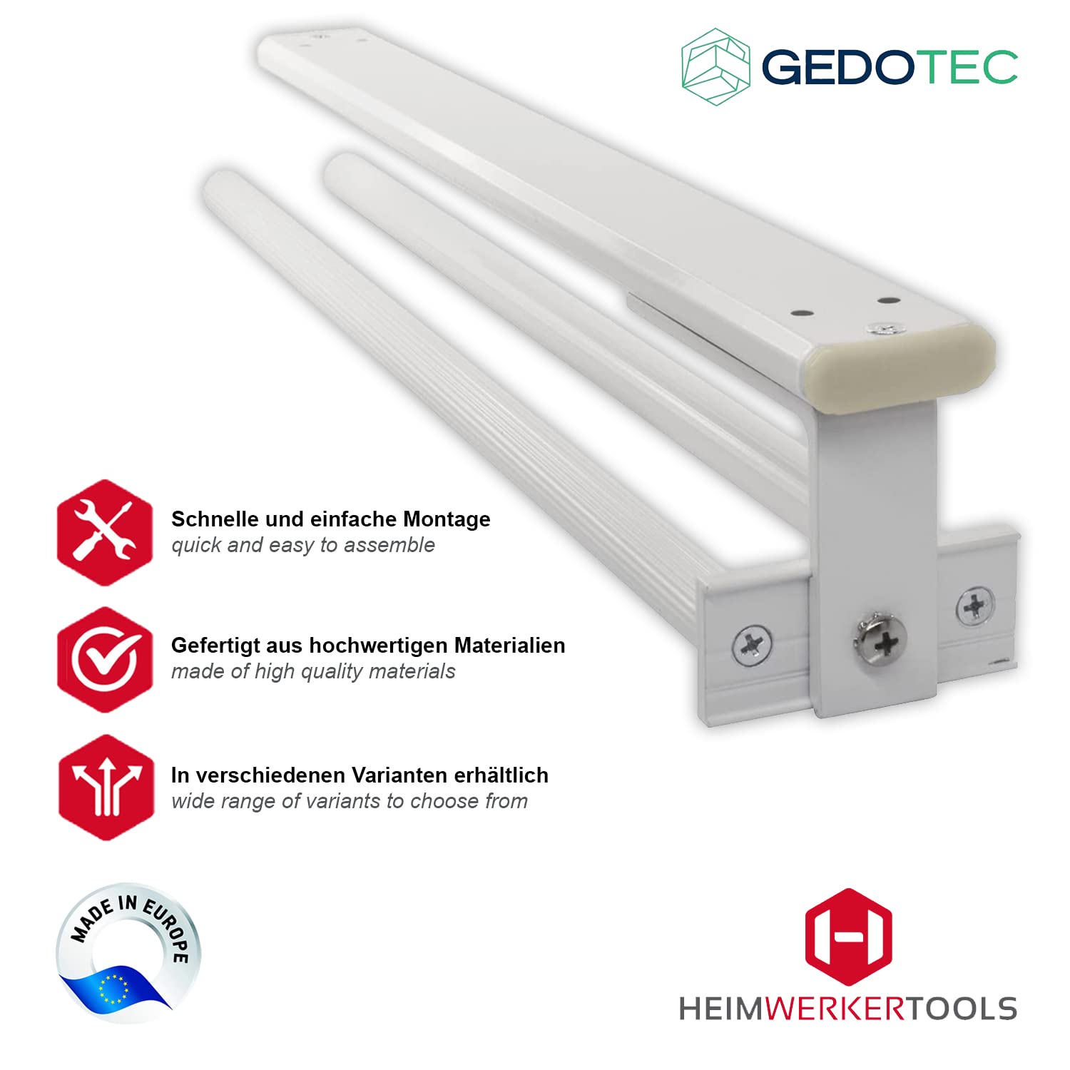 Gedotec Handtuchhalter | Hostel | Handtuch-Auszug ausziehbar 2-armig | 1 Stück Handtuchstange Aluminium weiß beschichtet | Einbaulänge 443 mm | Geschirrtuchhalter für Schrank Seiten- & Decken-Montage
