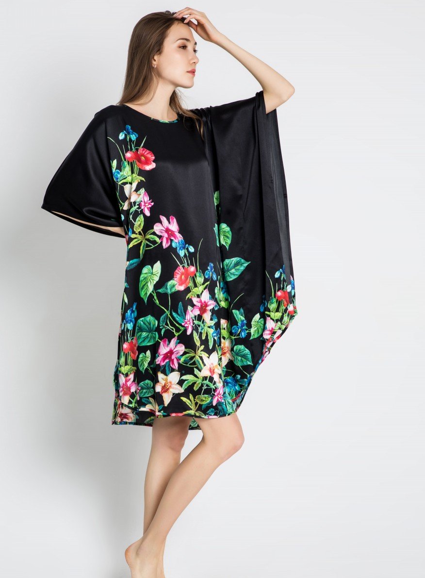 Damen Seidennachthemd 100% Seide lang Nachthemd mit Kunstdruck Schlafkleid, Kaftan oder Tunika