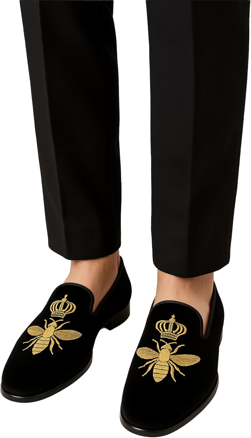 SIRRI Boys Velvet Gold Bee Loafer Slip On Shoes Wedding Prom Party Formal Footwear