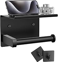 Vista 21 de Tindbea Toilet Paper Holder with Phone Shelf + Towel Robe Hooks, Adhesive or Screw Wall Mounted Toilet Paper Roll Storage, Stainless Steel Bathroom