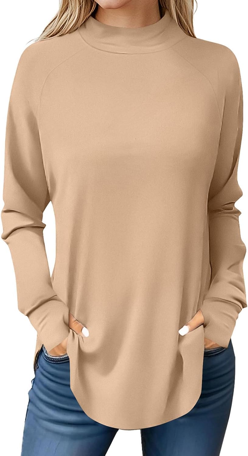JUSTFASHIONNOW Tunic Tops for Women Casual Long Sleeve Turtle Neck Shirts Thumb Hole Curved Hem Tops Fall Fashion - Image 2