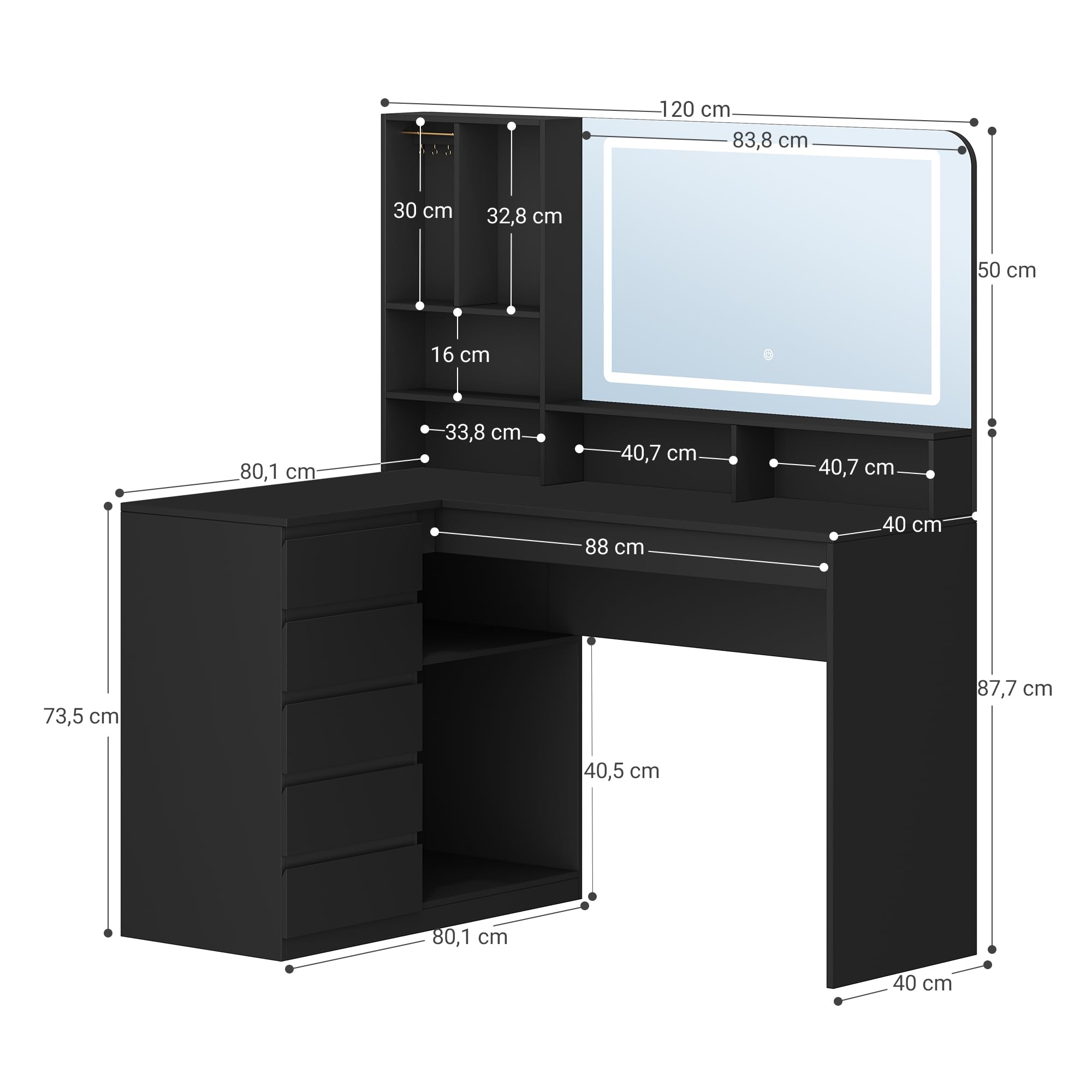 Hzuaneri Schminktisch mit Große Spiegel,Schminktisch mit LED-Beleuchtung, L-Förmiger Eck- mit 5 Schubladen und 7 Offenen Fächern, Kettenhaken, Schlafzimmer, Ankleidezimmer, Modern, Schwarz DT42506XEU
