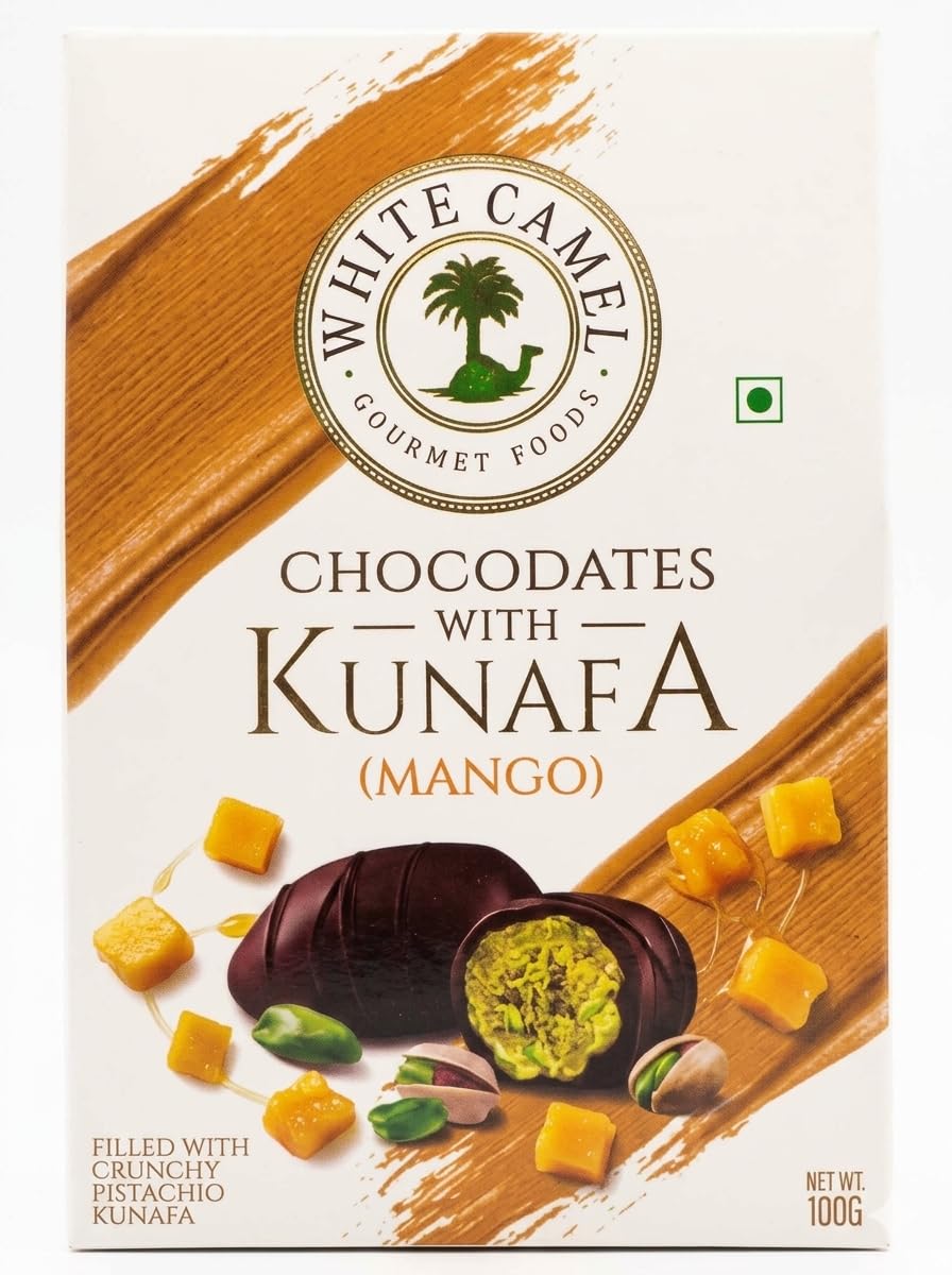 White Camel Chocodates with Kunafa, Mango Flavour, Filled with Crunchy Pistachio Kunafa and Mango Fellings, 100g (By Decadent Foods) 1