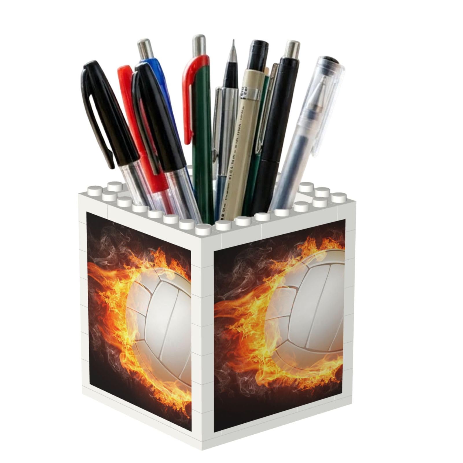Poadnly Cool Fire Flame Volleyball Ball, Pen Pot Pencil Holder for Office Home School, Compact Desk Organiser for Office Stationery