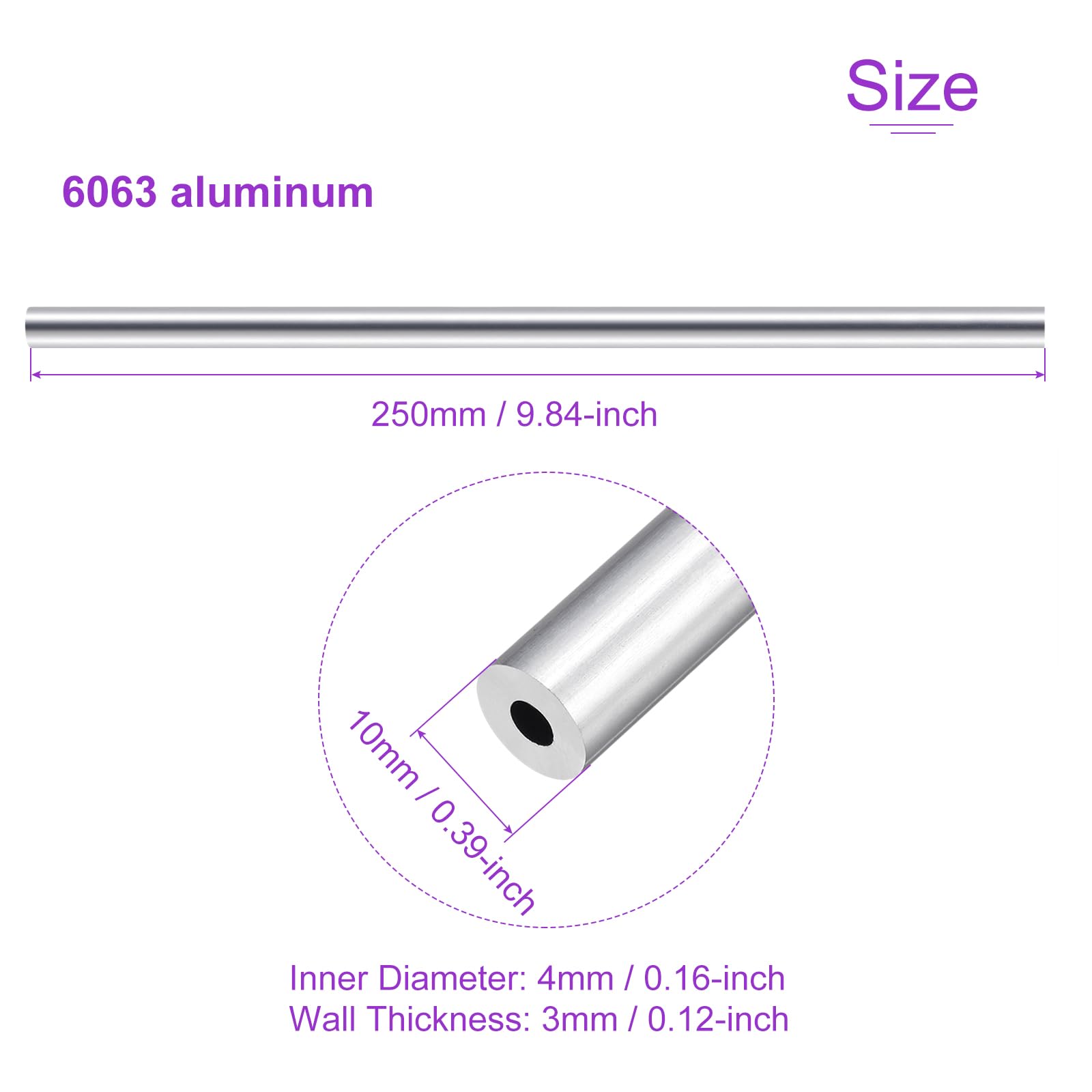 DMiotech 3-pak (10 mm średnica zewnętrzna x 4 mm ID) 6063 aluminiowa okrągła rura o długości 250 mm przemysłowe metalowe rury do budowy ram maszyn projekty DIY