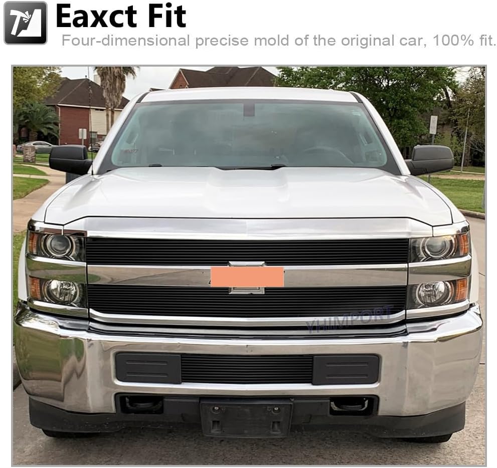 Front Grille Combo Compatible with Chevy Silverado 2500HD 3500HD 2015-2018 & 2019 LTZ Without Z71 Package Main Upper Lower Bumper Black Aluminum Horizontal Billet Grille Grills