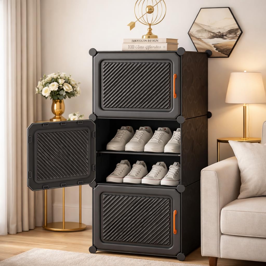 Plastic Shoe Rack for Home 𝟔 𝐒𝐡𝐞𝐥𝐟 Shoe Rack with Door for Home Storage Organizer with Metal Door Frame to Cover Chappal Slipper Sandals Shoes Box Stand【Grey, 6-Shelf-3-Door】