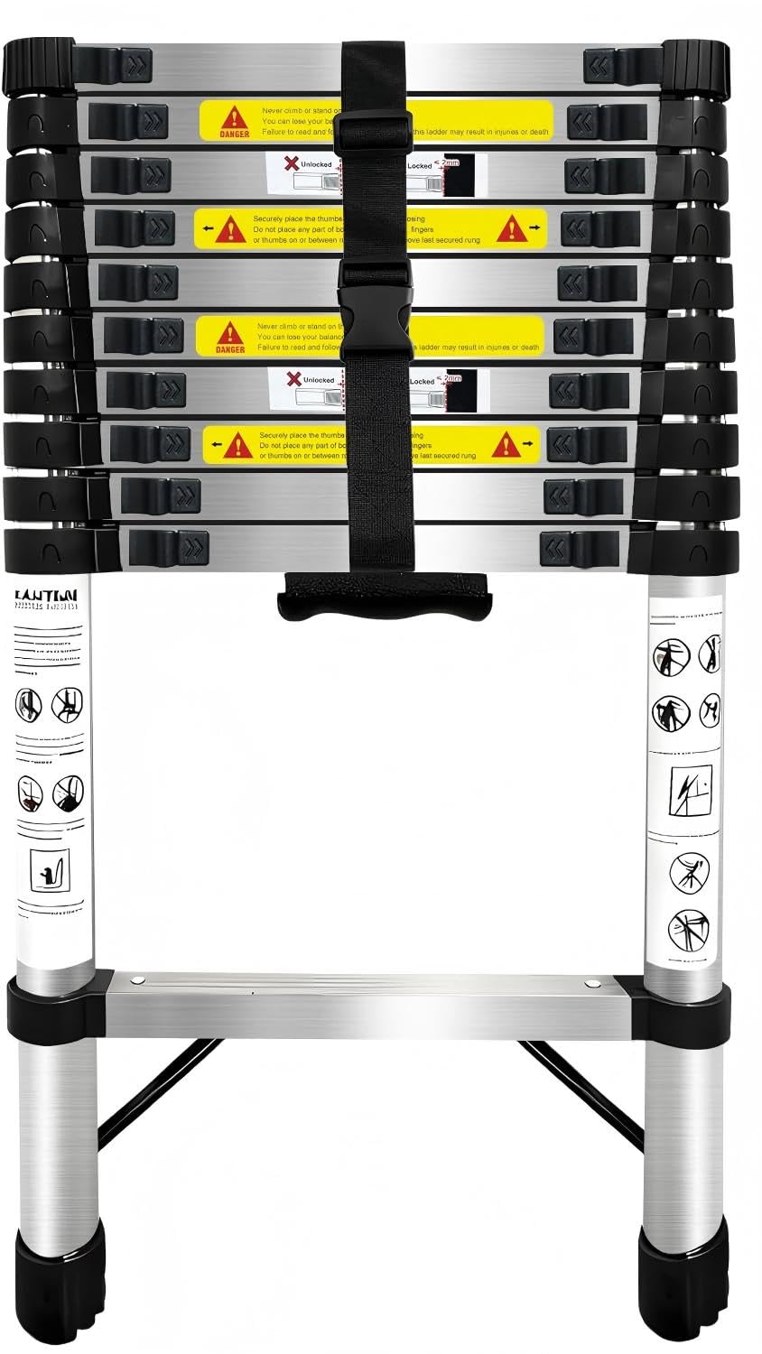 Échelle télescopique en acier inoxydable de 3,2 m - Légère et polyvalente - Pour un usage domestique - Portable et facile à ranger - Convient pour les travaux de toiture et une utilisation en