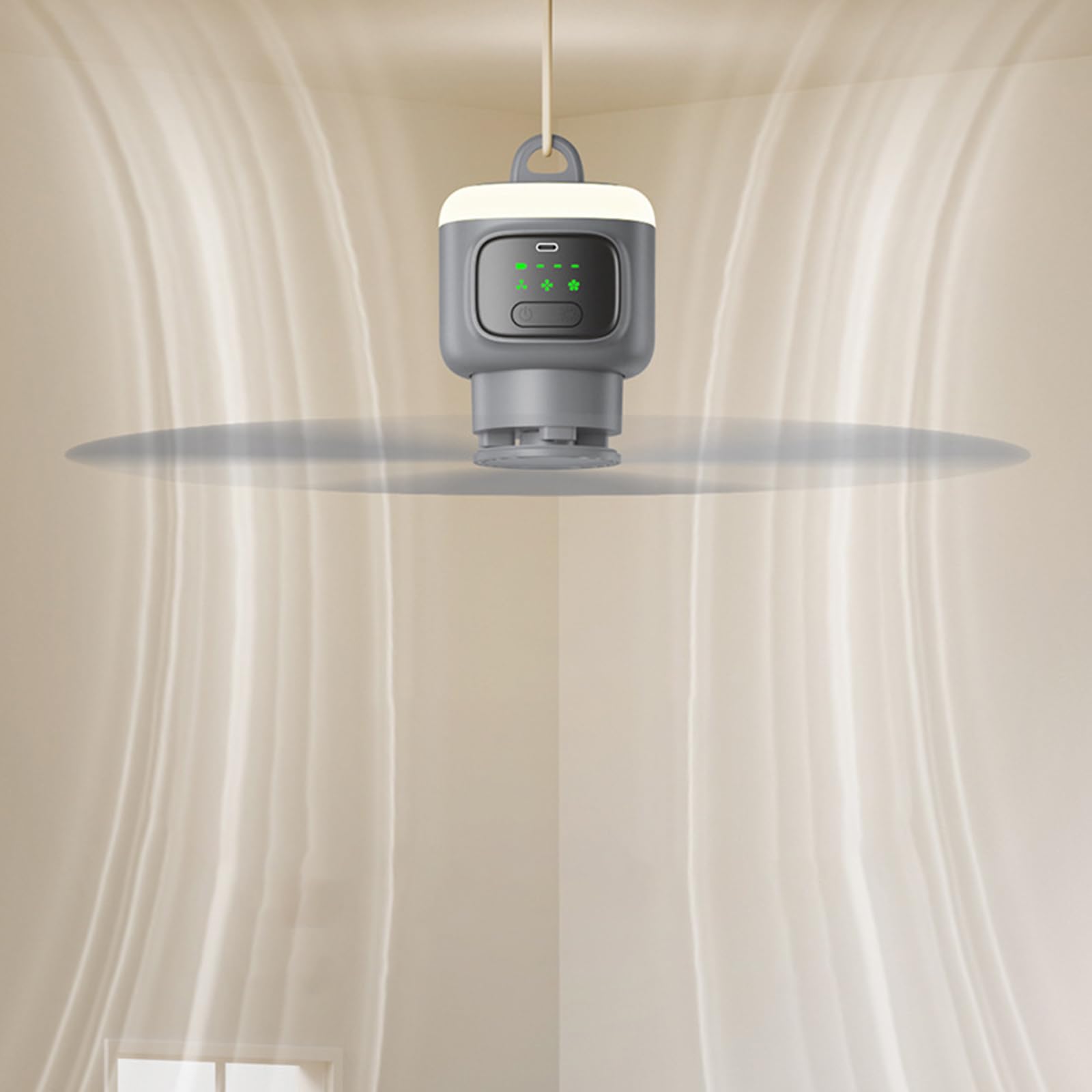 Ventilatore da soffitto con telecomando con luce regolabile, ricarica USB, modalità a 3 velocità per tende, cantieri, raffreddamento interno, luce da campeggio ricaricabile con ricarica USB