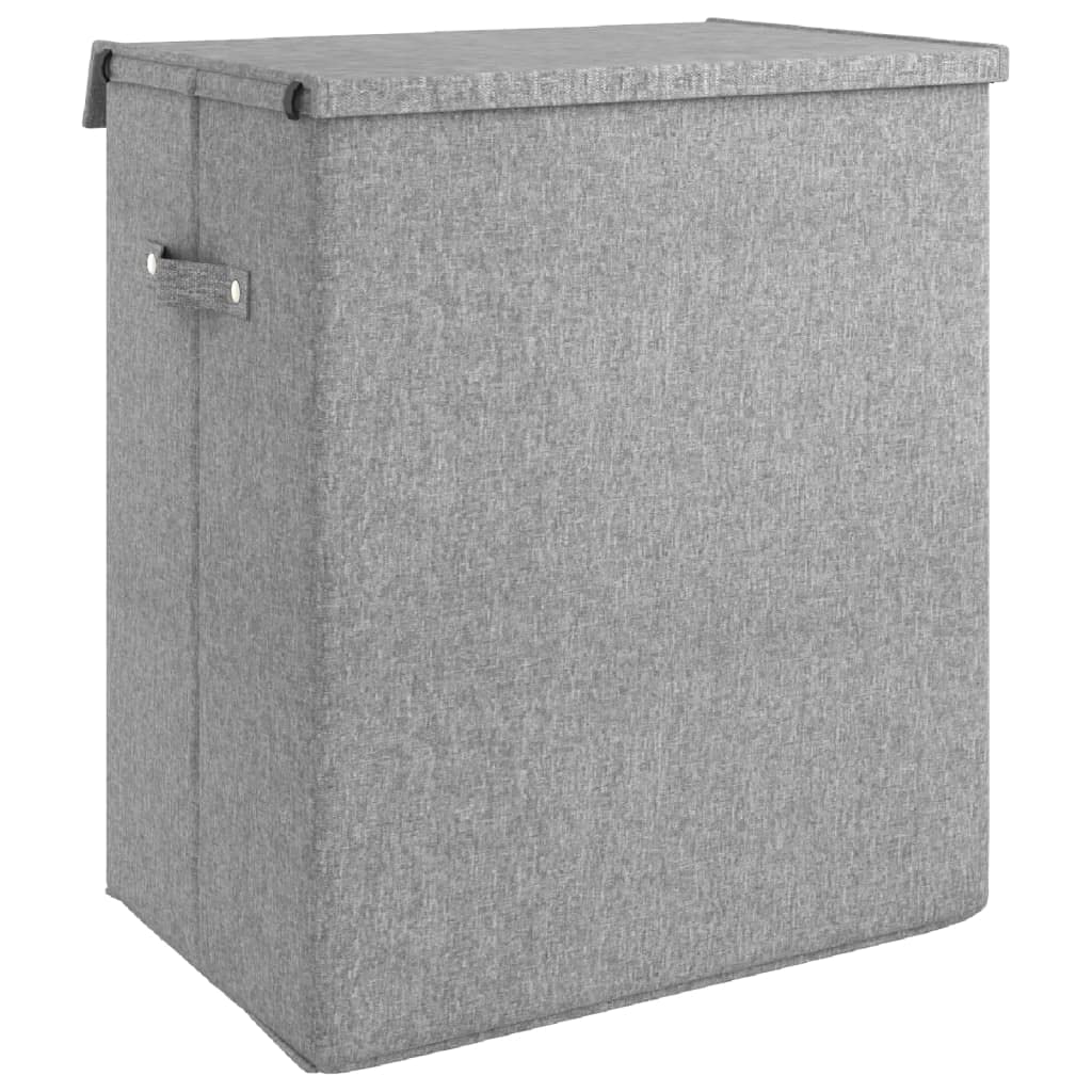 Faltbarer Wäschekorb Grau aus Leinenimitat, 51 x 34,5 x 59 cm, 2 Fächer, Deckel, Tragegriff, Wäschebox für Badezimmer Schlafzimmer Waschküche Ordnung