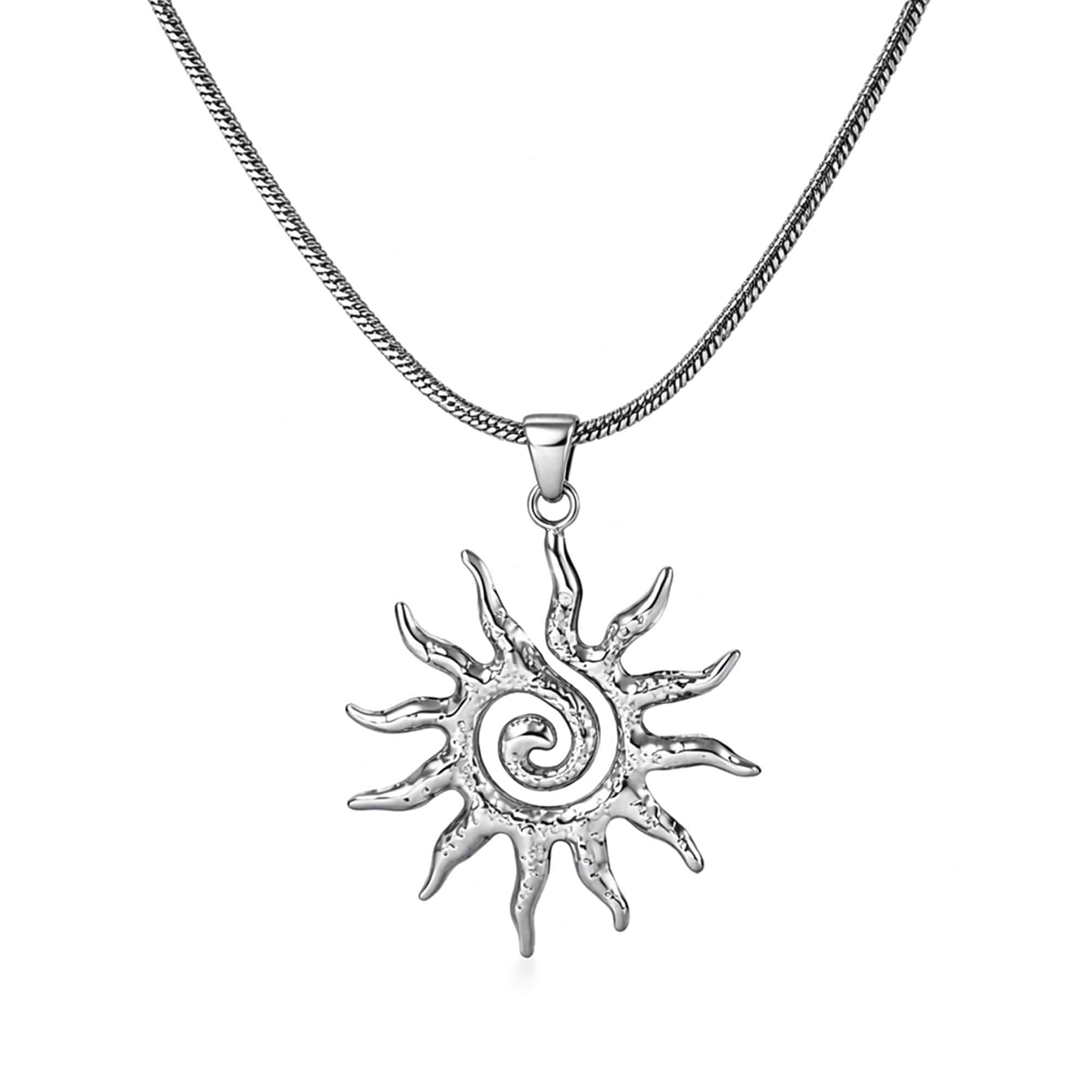 AeraVida Stainless Steel Hammered Sun Pendant Necklace, Vintage Celestial Sun Jewelry, Snake Chain Necklace, Minimalist Statement Pendant for Women