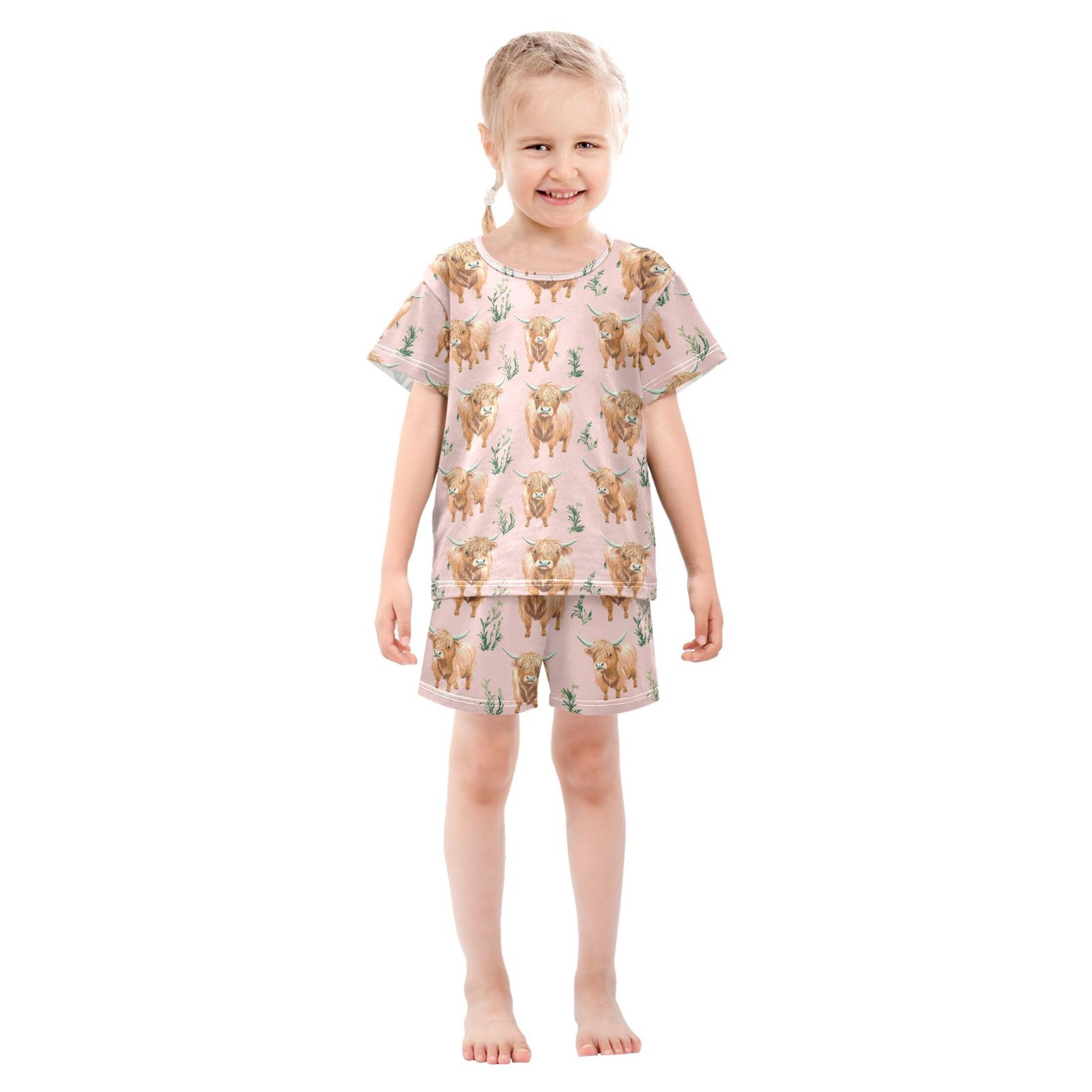 UMIRIKO Highland Cow Animal Summer Short Sleeve Pajamas Sleepwear PJ Set B0403916