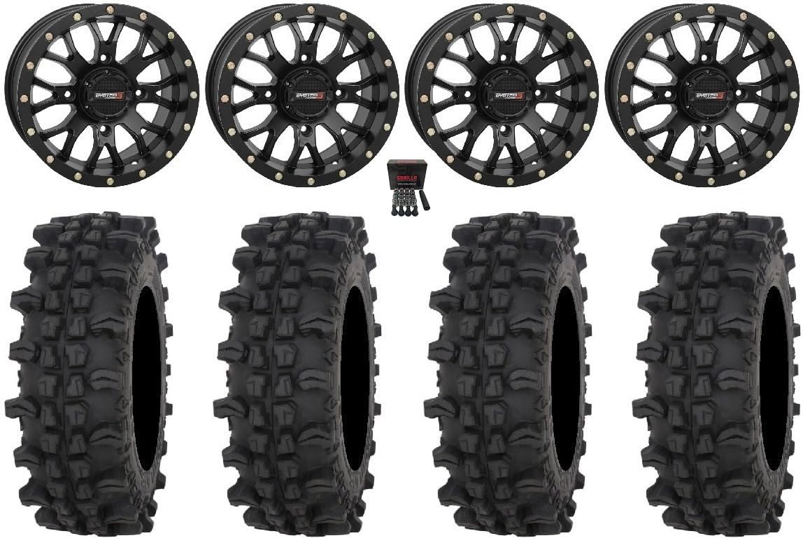 Bundle - 9 Items: System 3 ST-3 Black 15" Wheels 32" ACP Tires [4x156 Bolt Pattern 3/8x24 Lug Kit]