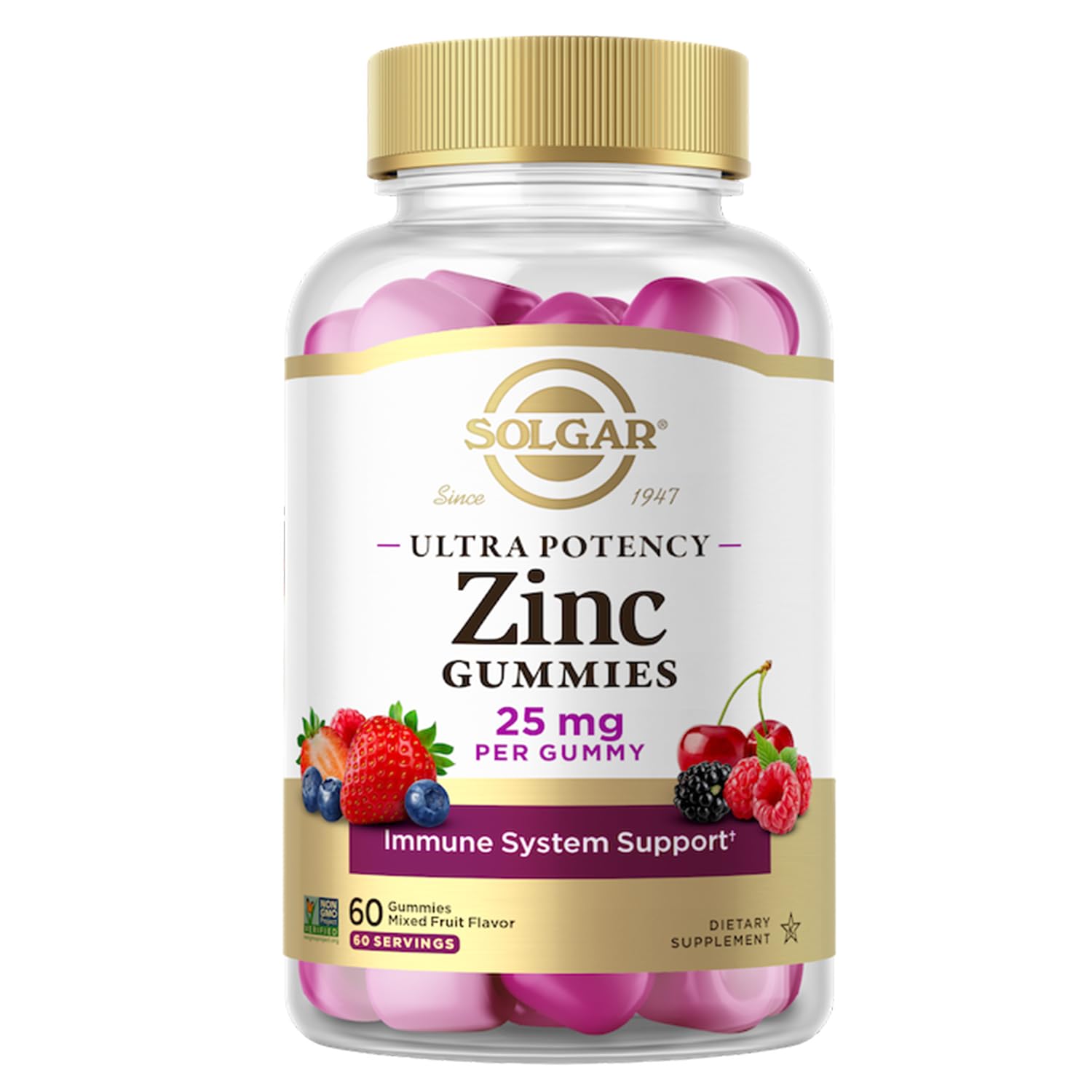 SolgarZinc Gummies Adult Vitamin with 25mg Ultra Potency Zinc Citrate for Immune Support - Mixed Fruit Flavor, Vegan, Kosher & Gluten Free Gummy Supplements for Women & Men, 2g Sugar, 60 Servings