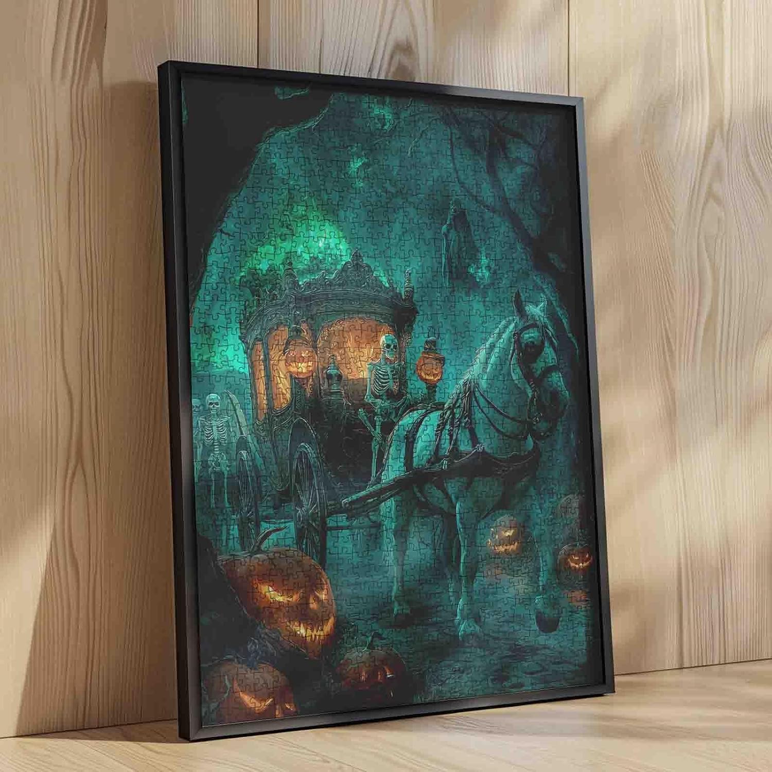 Halloween Night 1000 Piece Jigsaw Puzzles for Adult Skeleton Man Riding a Horse Painting Jigsaw Puzzle Skull Man 1000 Pieces Puzzles Game Yellow Pumpkin Wall Decor DIY Craft Puzzle Art(Colorful)