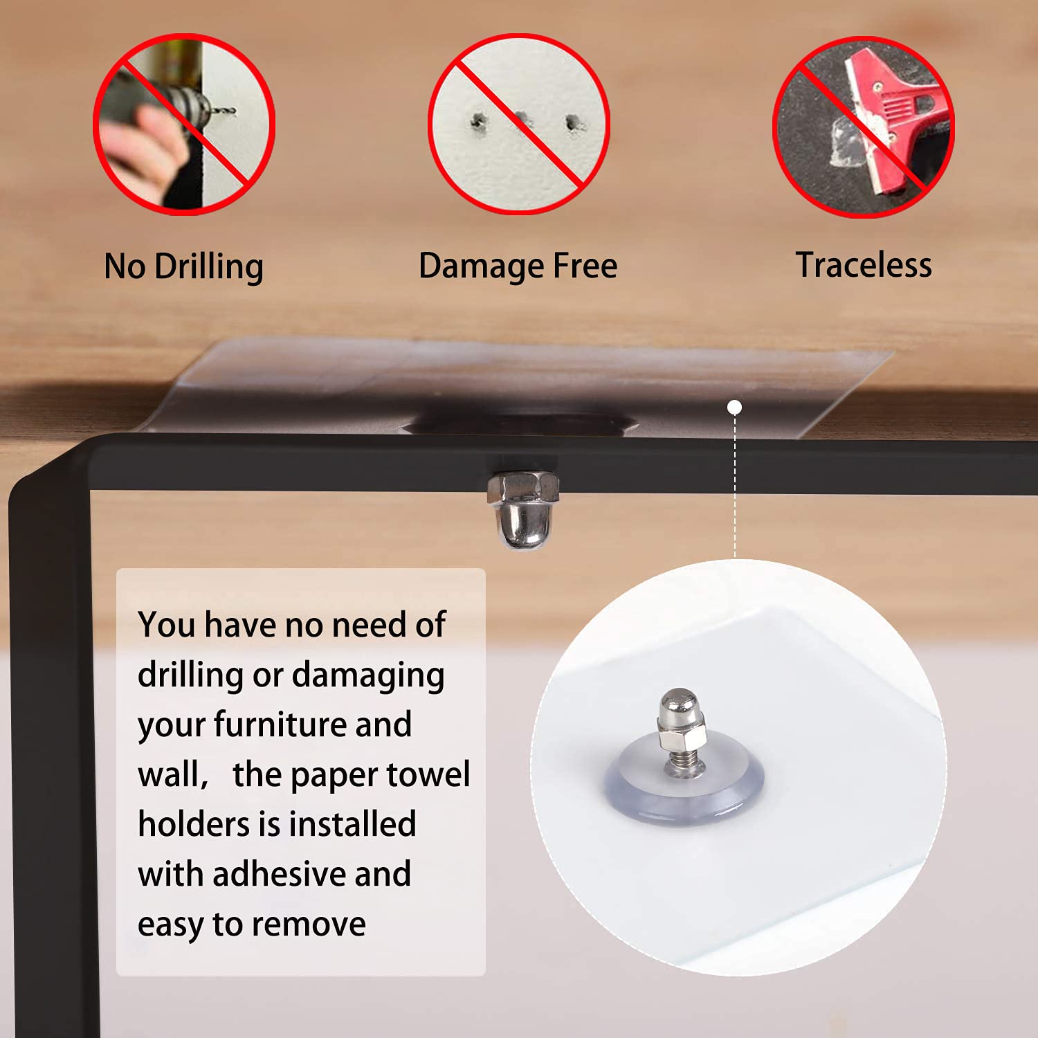 DDS-DUDES Porta asciugamani di carta autoadesiva per rotoli da cucina, supporto da parete e panno di conservazione, senza foro, porta carta igienica per bagno in acciaio inox (nero
