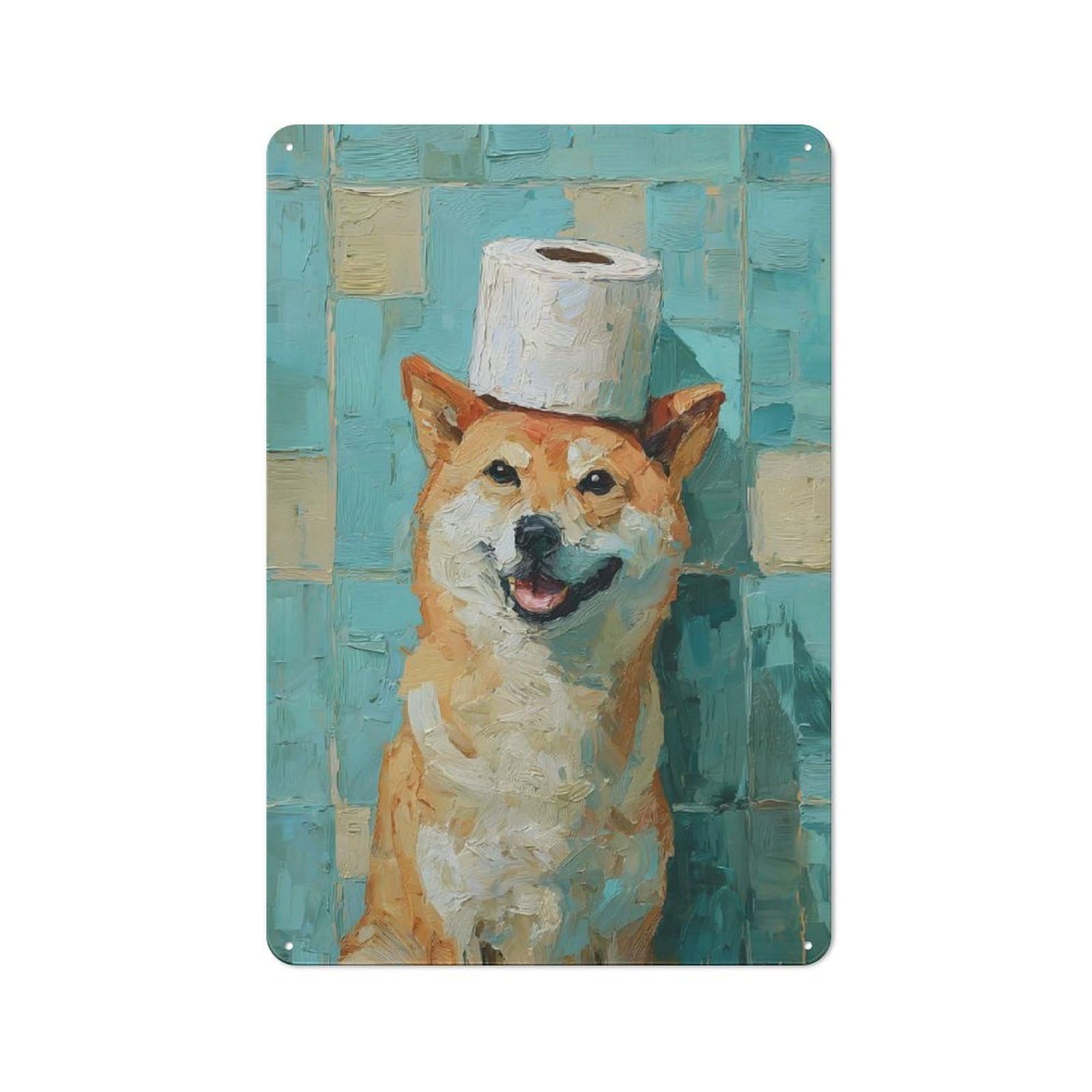 Junmoney Style-9 Shiba Inu With Toilet Paper Hat Tin Wall Plaque 30X20cm, Barn Style Rustic Kitchen Decor For Farmhouse Kitchen, Pantry Or Dining Area