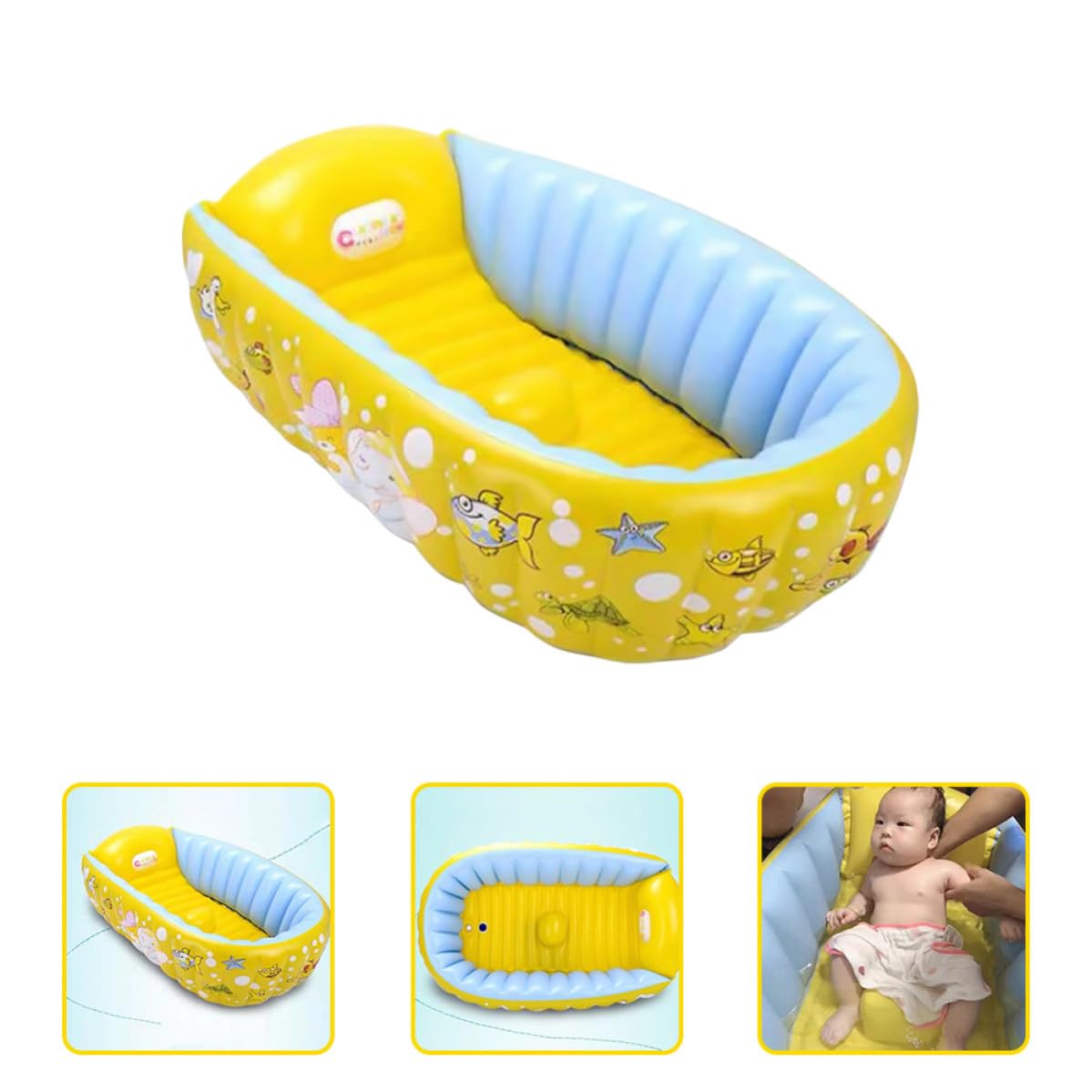 Vaschetta Bagno Gonfiabile per Bebè, Pvc Giallo | Design a Motivo Cartoon, Uso Interno e Gioco, Pratica e Facile da Riporre, Vasca Compatta