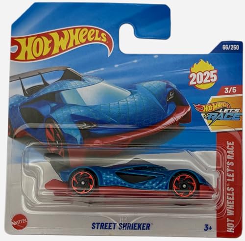 Hot Wheels - Street Shrieker - HW Let's Race 3/5 - JBC08 - Carte courte - Voiture de course futuriste bleu/rouge au design fantastique à l'échelle 1:64 -...