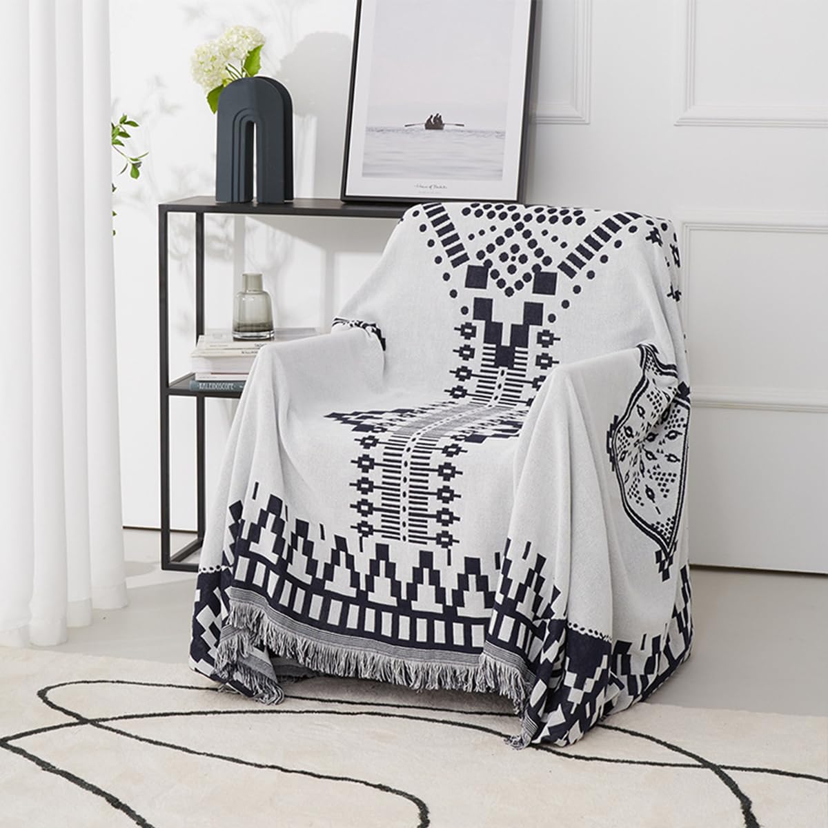 LumiSyne Cotton Woven Throw Blanket With Tassel Double-Sided Jacquard Bohemian Geometric Pattern Vintage Ethnic Style Decorative Throws For Sofa Bed Armchair Camping Blanket Tapestry Tablecloth Carpet