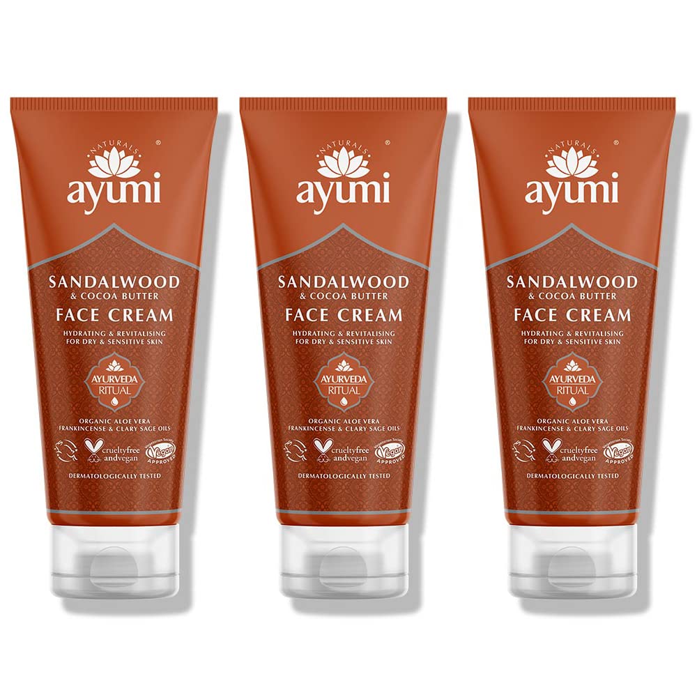 AyumiSandalwood & Cocoa Butter Face Cream, With Organic Aloe Vera For Soft Skin, Helps Preserve Hydration & Moisture to Leave Skin Feeling Refreshed - 3 x 100ml
