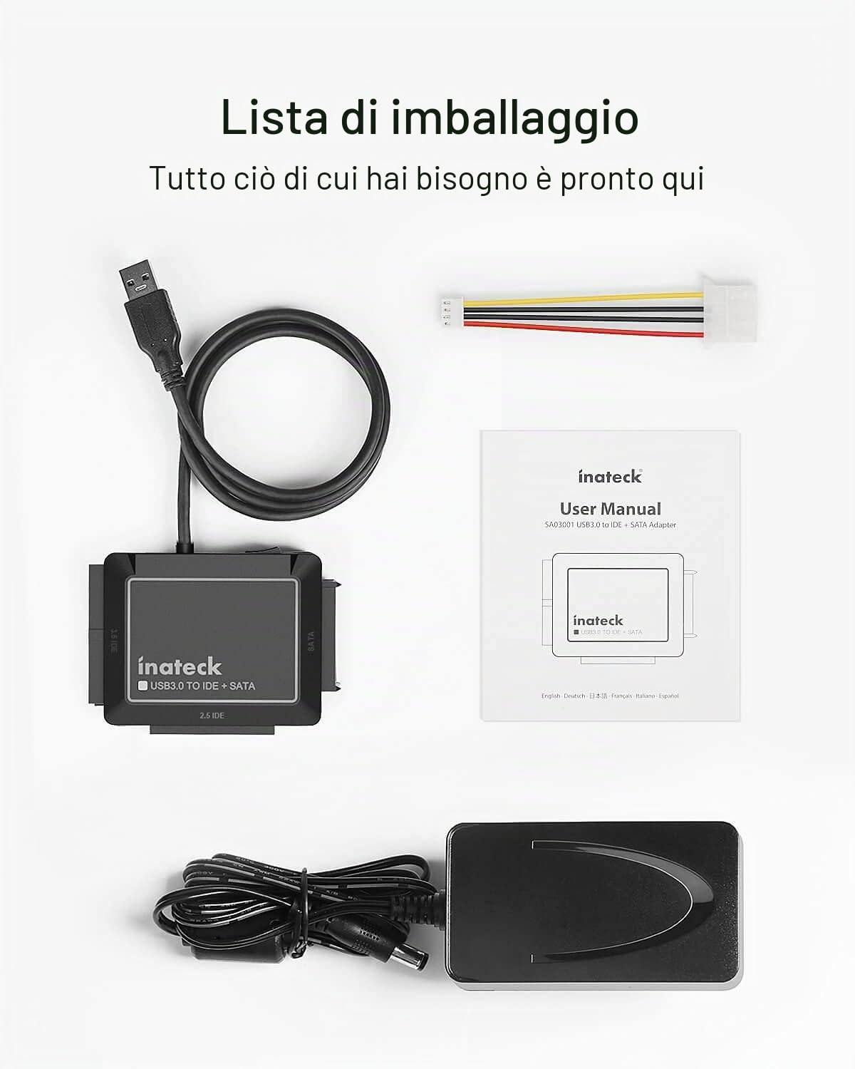 Inateck USB 3.0 a IDE/SATA Lettore di Dischi rigidi Esterni Applicabile a HDD/SSD da 2,5"/3,5", Adattatore da IDE a USB con Alimentatore 12V/2A, SA03001