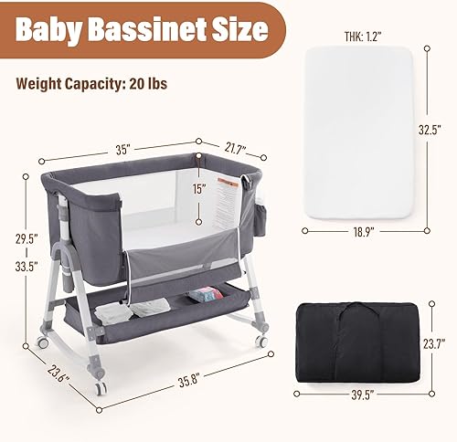 Miniatura 7 de Jaoul Cuna de bebé 4 en 1, cuna ajustable para bebé, fácil de plegar portátil, cuna mecedora con cómodo colchón de almacenamiento para bebés, recién