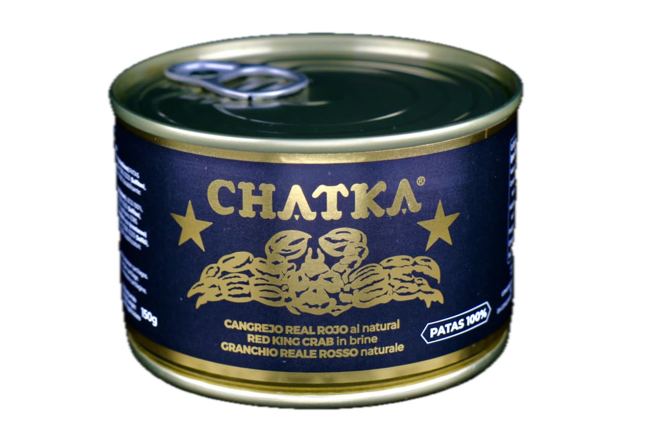 Chatka – Konserve im traditionellen Format gefüllt mit Beinen von rotem Königskrabbenfleisch. Sorgfältig verarbeitet, mild im Geschmack und vielseitig einsetzbar (150 gram)