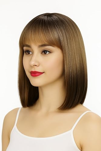 Miniatura 3 de Michelle Young Pelucas cortas de cabello sintético de color degradado castaño y rubio para mujer, peluca de cosplay con flequillo, raíces oscuras,