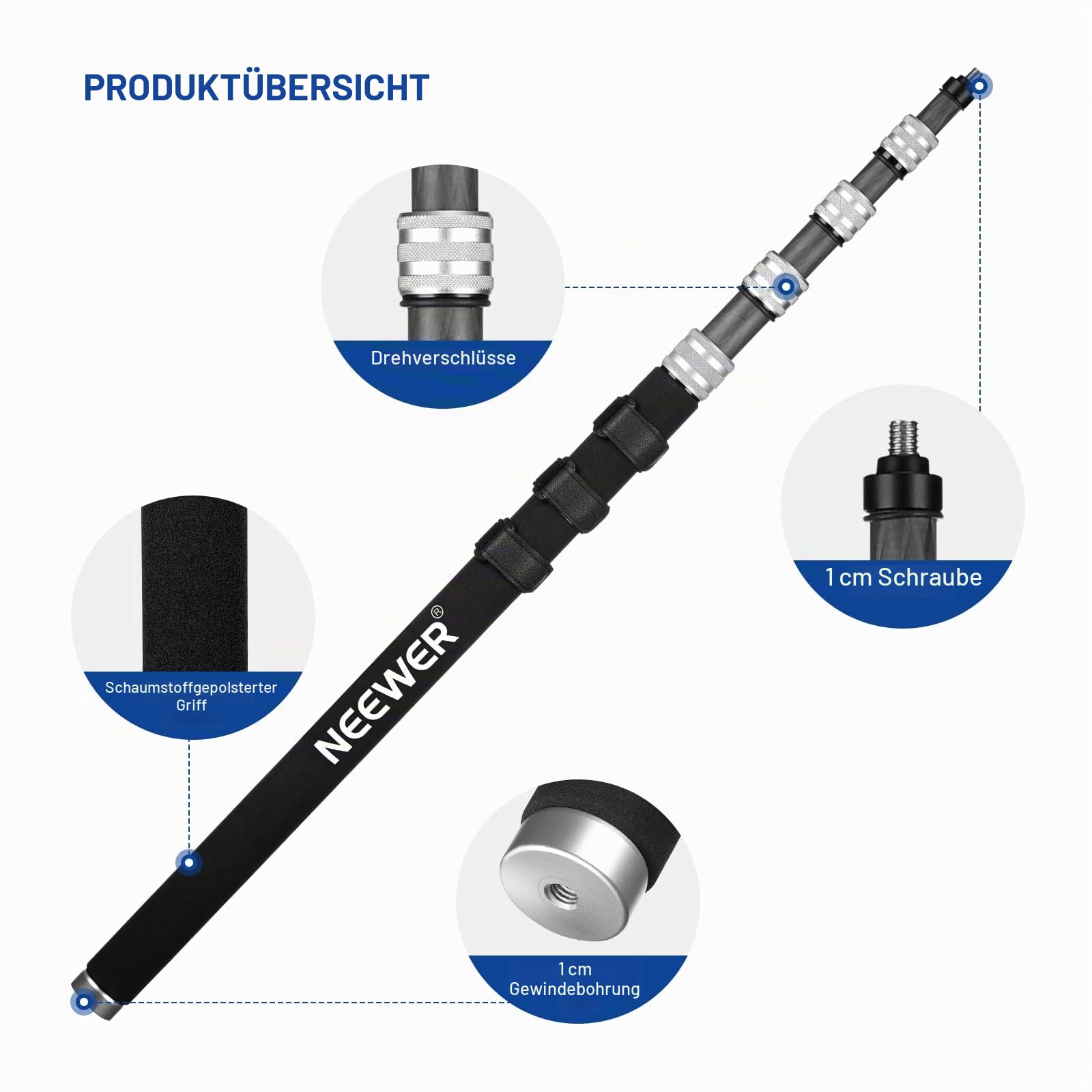 NEEWER Verbesserte Mikrofon Galgenstange, 300cm Teleskop Kohlefaser Mikrofonarm mit 5 Abschnitten, 1/4” 3/8” 5/8” Schraubenadapter, Kabelgurte, Schultergurt und Aufbewahrungstasche,MS-300C