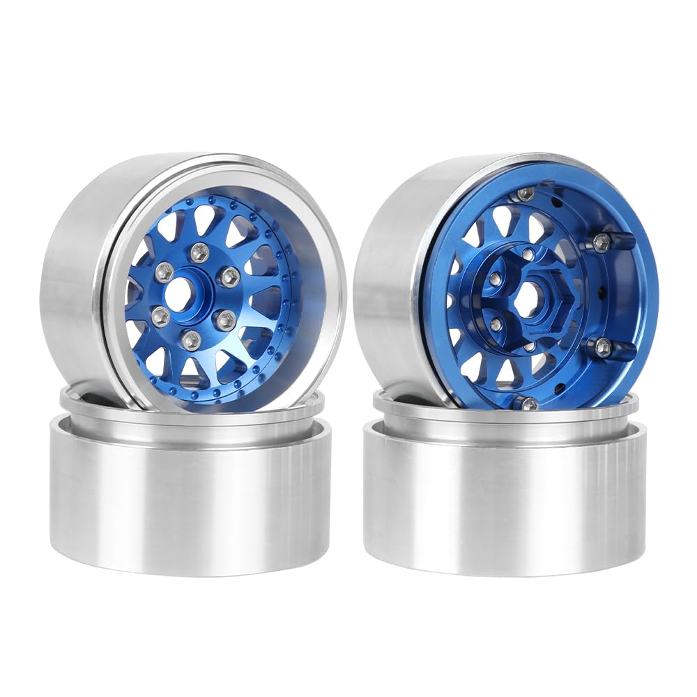 KINGCOO Beadlock Lot de 4 roues de 1,9" - 10 mm - En aluminium et métal - Pour voiture 1/10 RC Rock Crawler - Pour Axial 90046 SCX10 TRX4 Gen8 TRX6 D90 - Pièces de rechange (12 rayons, bleu)
