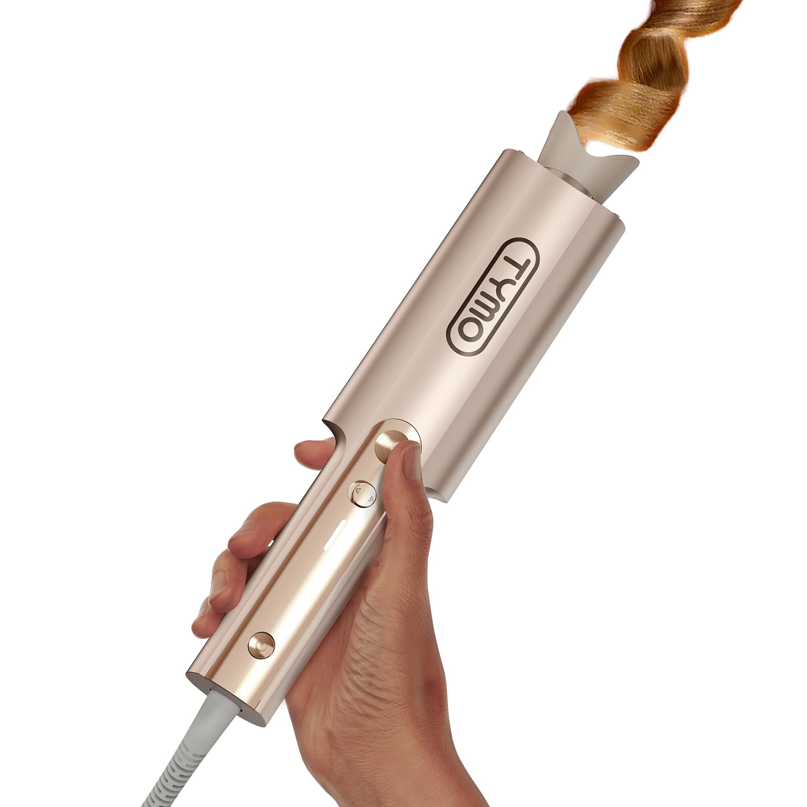 TYMO CurlPro Plus Hair Curler Automatic Rotating - Long Barrel Curling Wand for Long Hair, Ceramic Curling Iron for Women, Anti-Scald, Tangle-Free, 600M Ionic, Dual Voltage, UK Plug, Gold, 32 mm