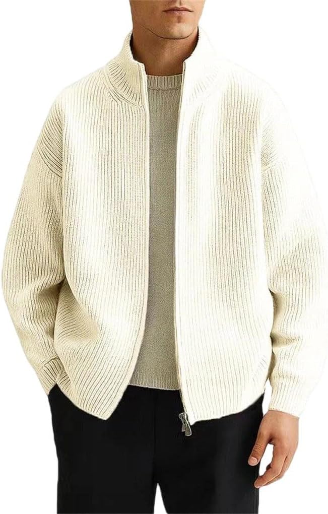 Rfmfkkg Mens Full Zip Cardigan Sweater Casual Mock Neck Ribbed Knitted Chunky Warm Outerwear