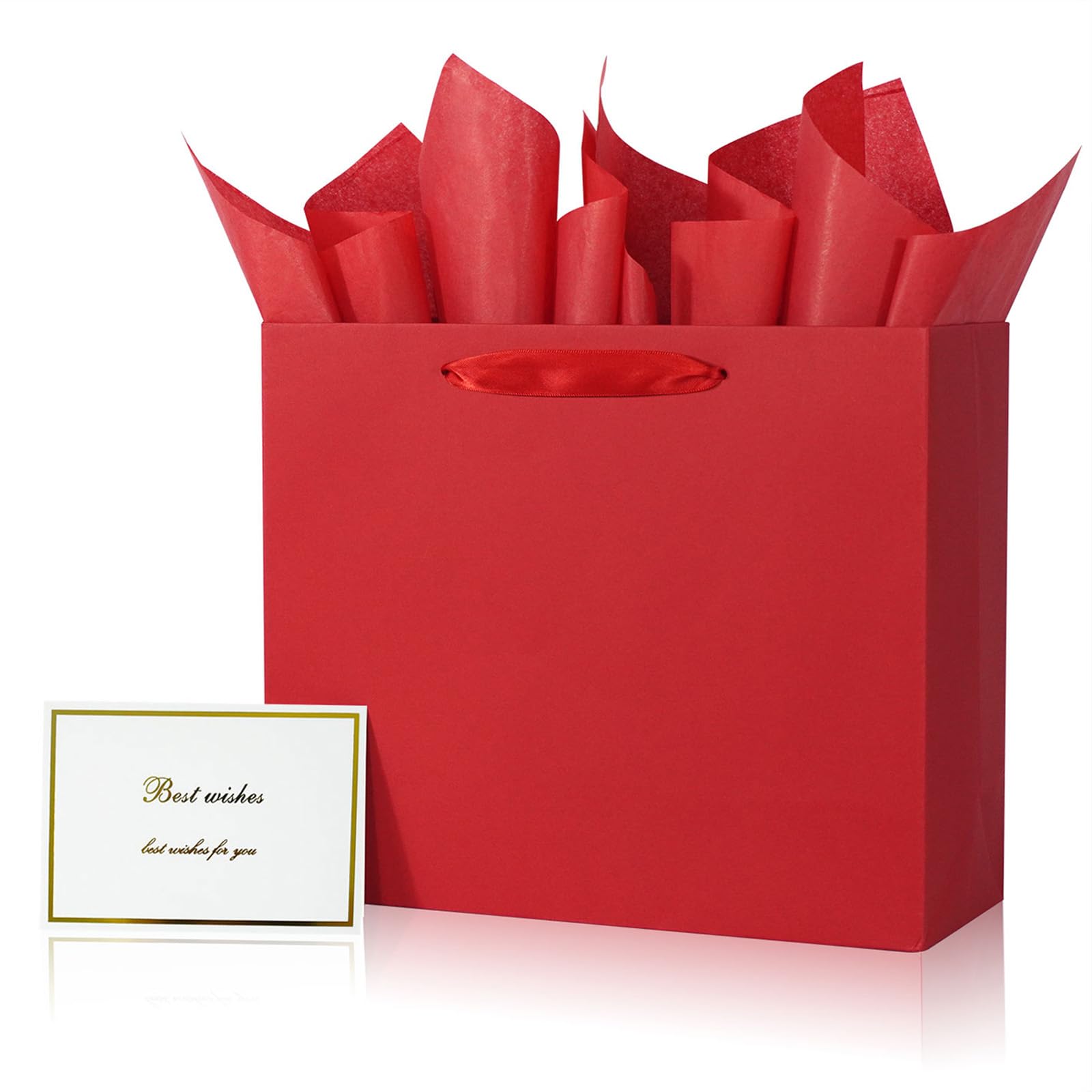 Elegant Red Gift Bag 11.8"x4.5"x9.8" with Ribbon Handles, Includes Card and Tissue Papers, Perfect for Birthdays, Weddings, Parties, Holidays, Baby Shower