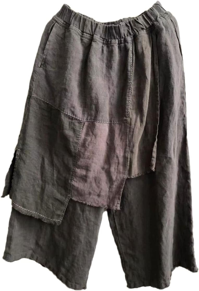 NFYM Women's Spring Linen Cropped Pants Wide Leg Elastic Waist Asymmetric Apron Patchwork Casual Vintage Capri Trousers