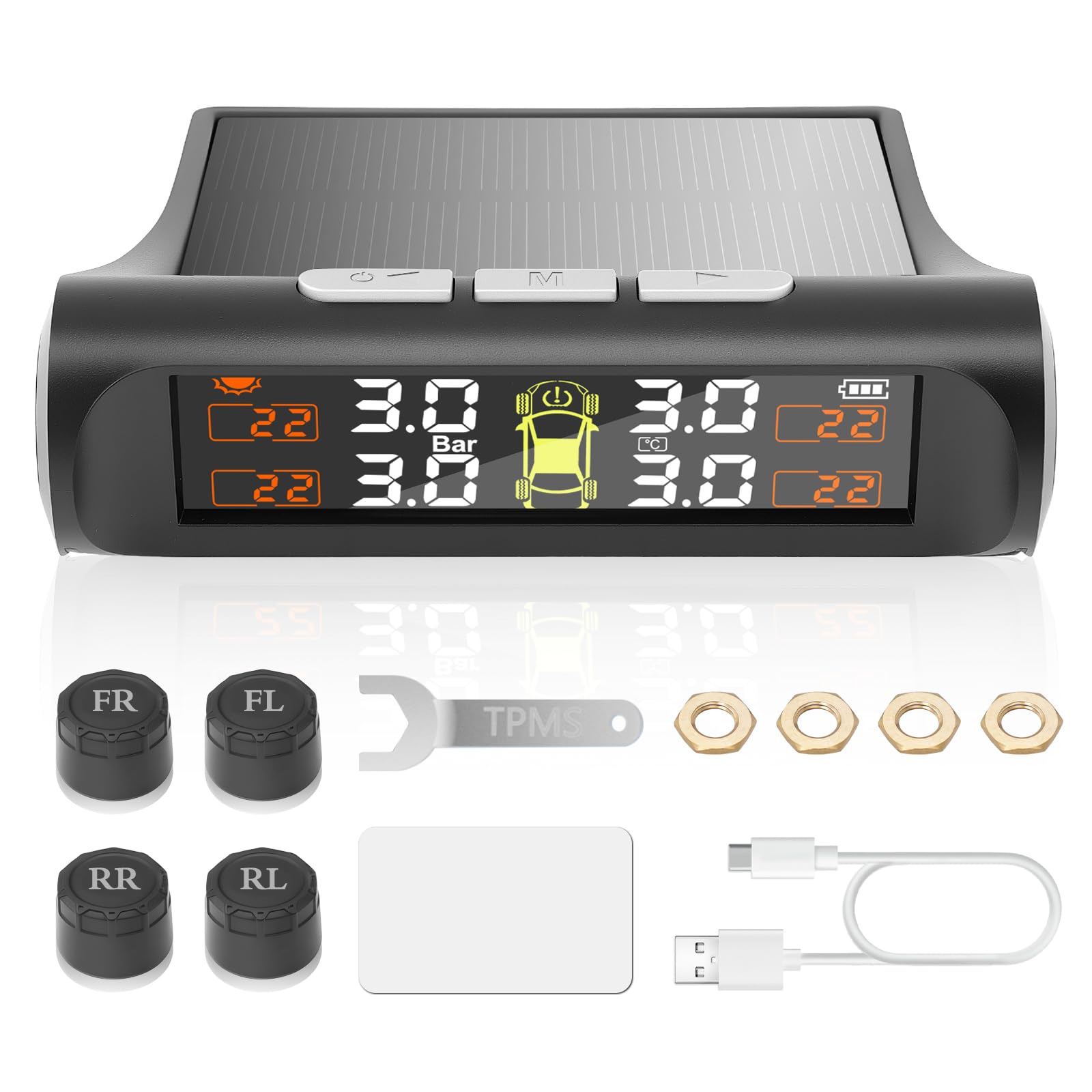 Reifendruckkontrollsystem mit Solarladung, TPMS Reifendruckkontrollsystem mit 4 externen Sensoren und 5 Alarmmodi, Echtzeitüberwachung Druck und Temperatur, geeignet für Fahrzeuge mit 4 Rädern