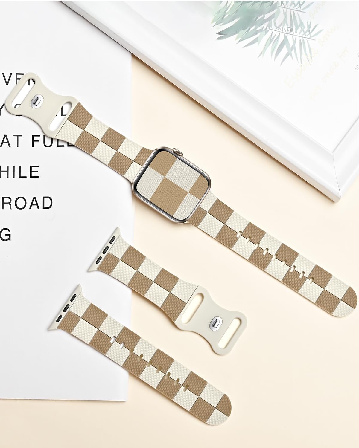 Checkered Silicone Strap for Apple Watch Bands 40mm 41mm 38mm, Cute Soft Bracelet Compatible with Series 10(42mm) 9 8 7 6 5 4 3 2 iWatch Band, Special Wristband for Apple Watch Band SE Women Men Beige - Image 7