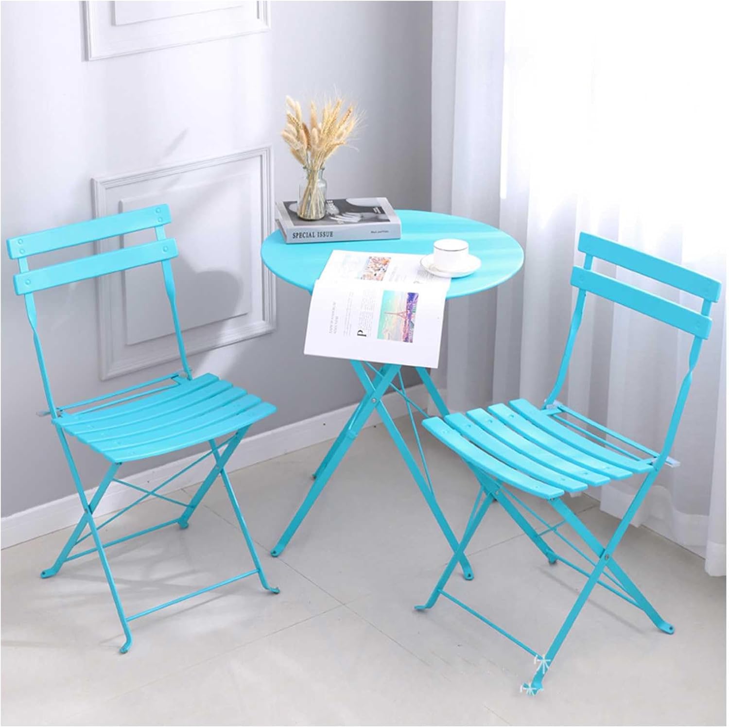 3-Piece Bistro Table and Chairs Iron Bistro Set, Anti-Rust, Waterproof Folding Cafe Table and Chairs, Foldable Small Bistro Set for Indoor Outdoor Porch Lawn Balcony Small Space