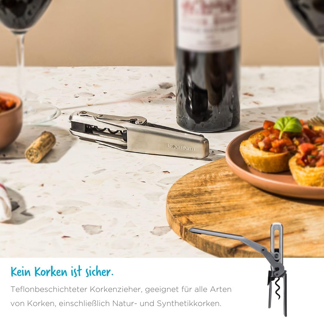 Dreamfarm WINOPEN Korkenzieher, Teflon-Spirale, Folienschneider, Silber | kompakter Weinöffner, hochwertiger Edelstahl, für natürliche und synthetische Korken, leichtes Gewicht 175 g