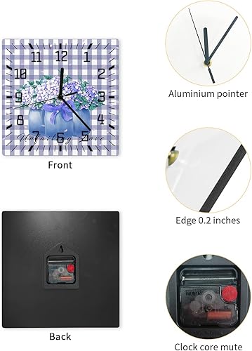 Miniatura 2 de Purple Florals Vase Wooden Wall Clock Silent Non Ticking, Rustic Purple Buffalo Plaid Square Wall Clock Battery Operated, Decor Clock for Home