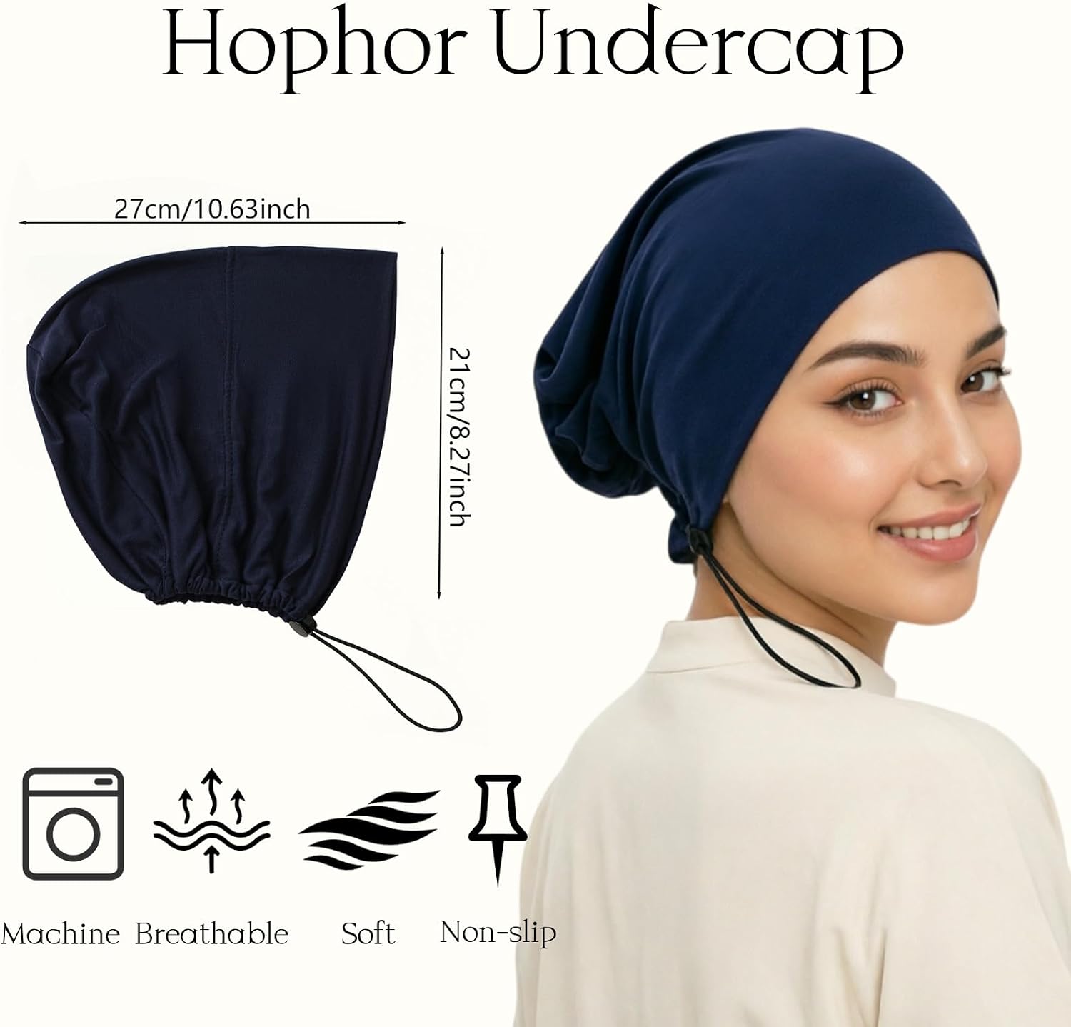 Women's Adjustable Elastic Drawstring Hijab Undercap, Soft Stretchy Jersey Underscarf Hijab Liner Hat