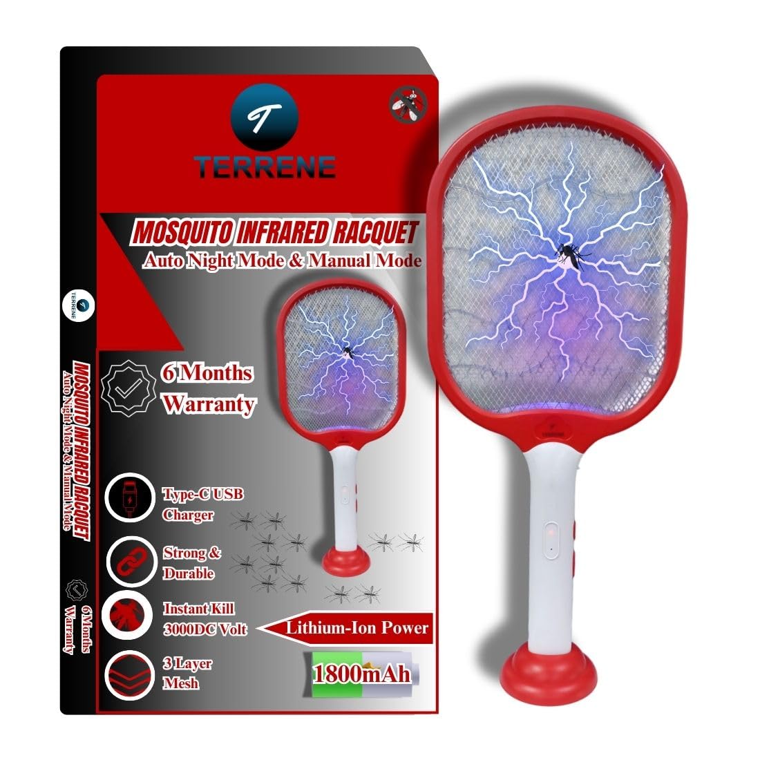Terrene 3000v DC Current Instant Kill Mosquito Racquet| UV Light Effect with 2 Mode| Insect and Fly Swatters Bat Device with 1800mAh Battery| C-Type USB Rechargeable Fast Charging |(Red&Black) (B0DGTNB5M5) Amazon Price History, Amazon Price Tracker