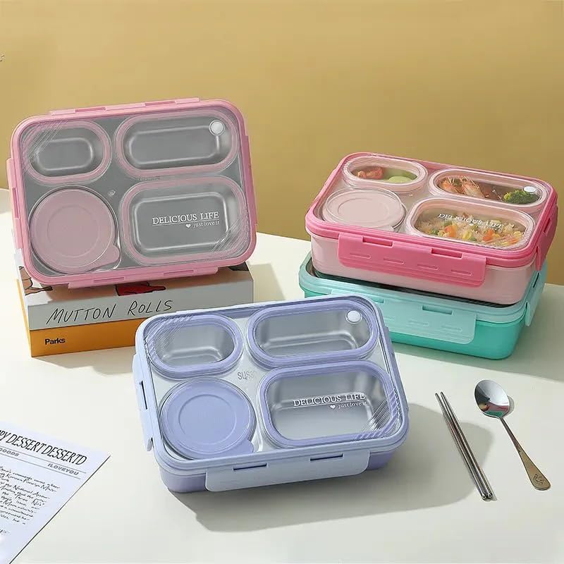 Image of TRENDYWENDY Stainless Steel Bento Lunch Box 950ml | 4 Compartment Leakproof Tiffin Box with Sauce Container & Spoon | Lunch Box for School, Office & Travel (Mint Green)