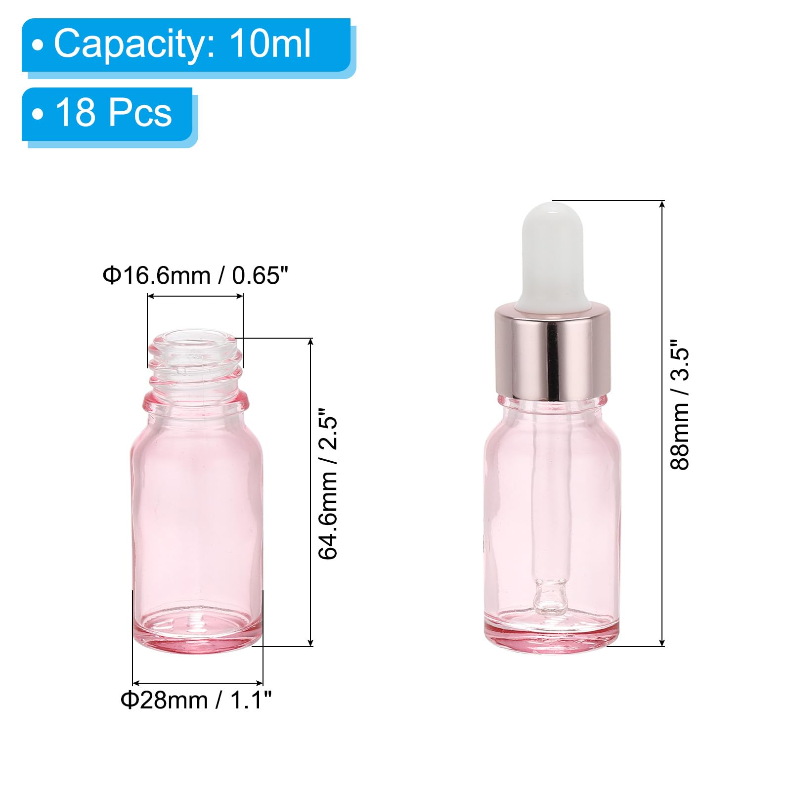 PATIKIL 10ml Glass Dropper Bottle, 18Pcs Leakproof Eye Dropper Essential Oils Sample Liquid Perfume Container for Storage Home Travel, Pink